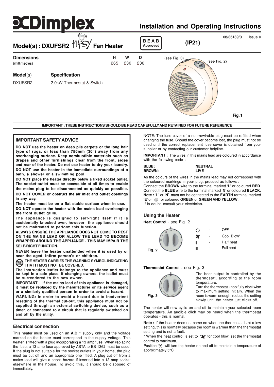 Dimplex DXUFSR2 dimensions Dimensions, Model s Specification, Electrical connection, Using the Heater 