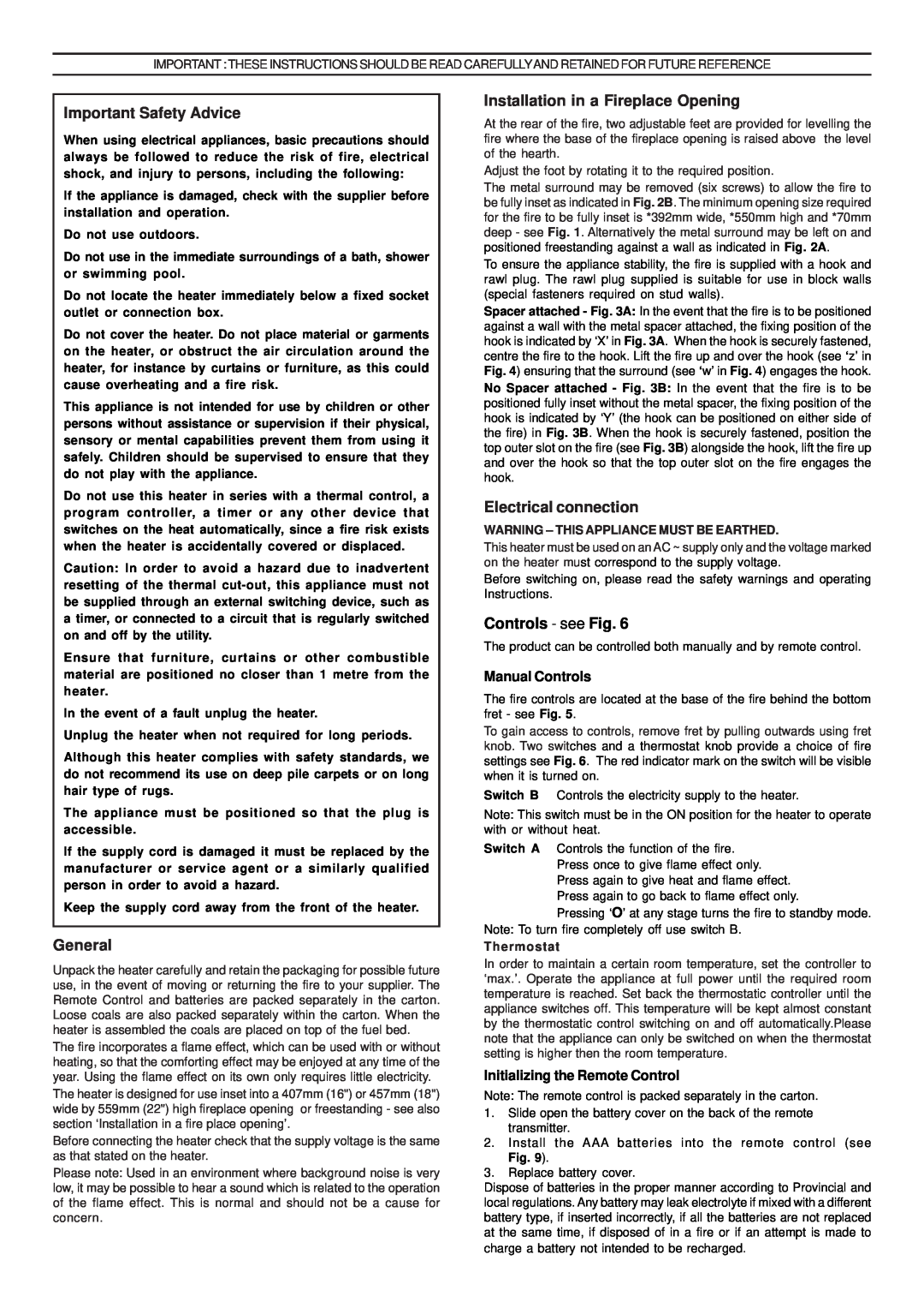 Dimplex EBY15 manual Important Safety Advice, General, Installation in a Fireplace Opening, Electrical connection 