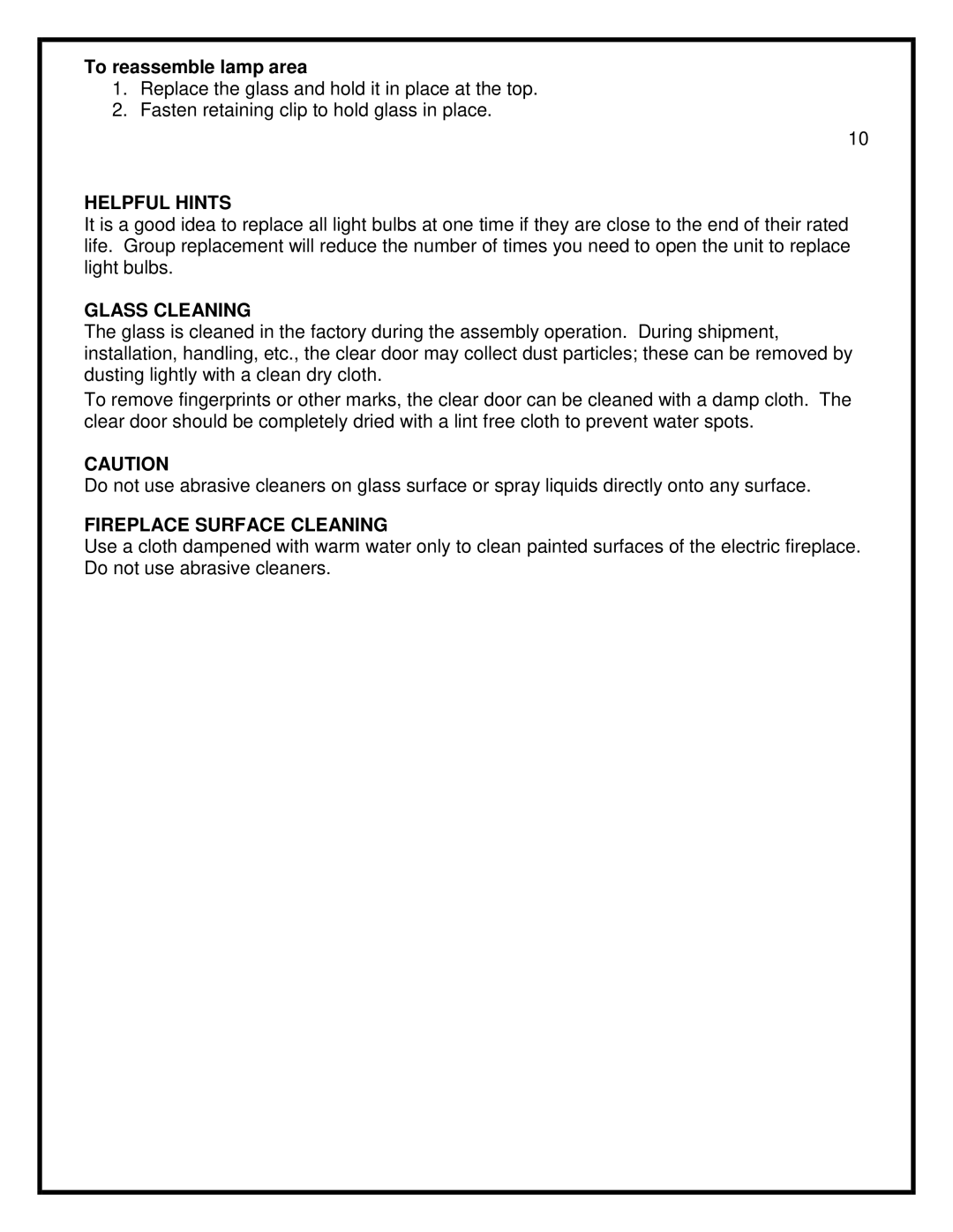 Dimplex EF3003-230 manual To reassemble lamp area, Glass Cleaning, Fireplace Surface Cleaning 