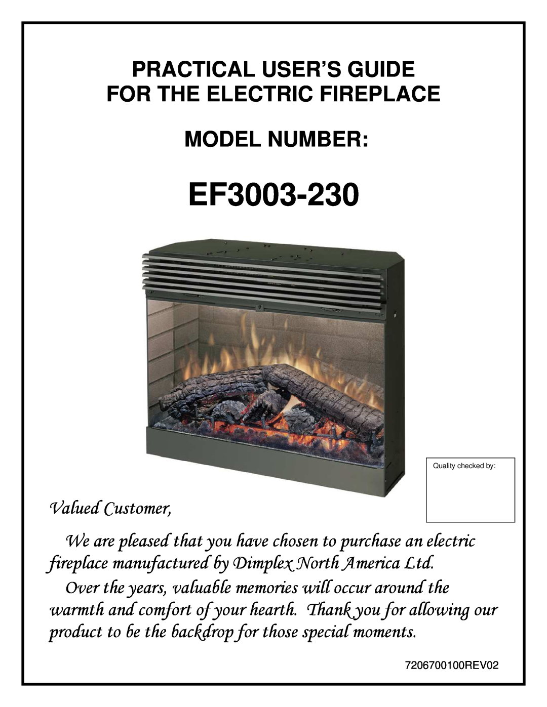Dimplex EF3003-230 manual Practical User’S Guide For The Electric Fireplace, Model Number 