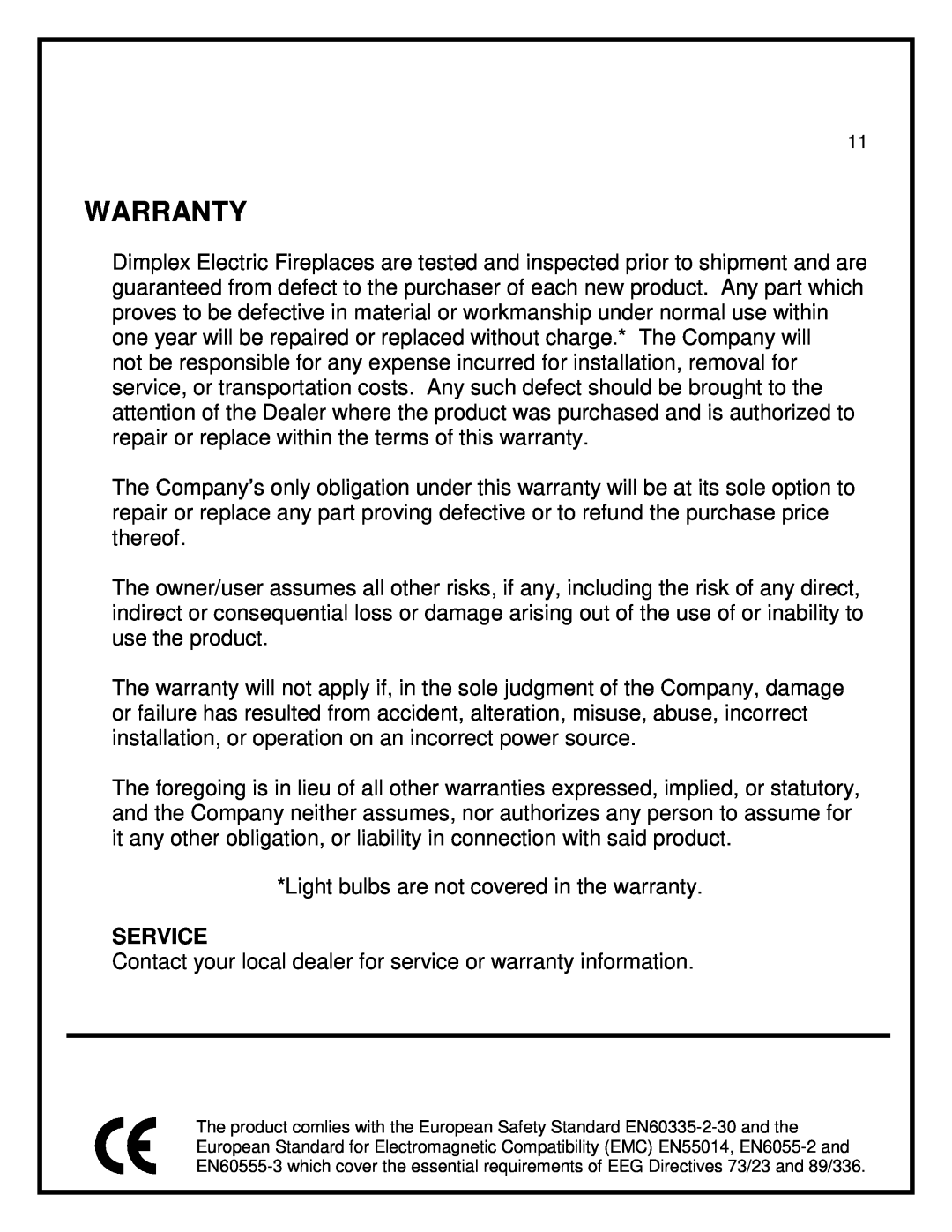 Dimplex EF3003-230 manual Warranty, Service 