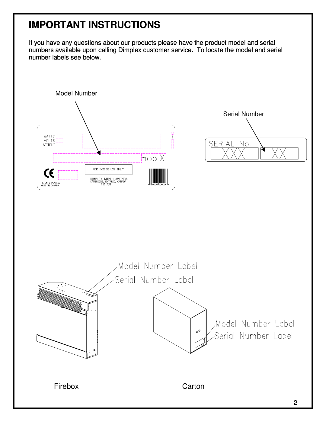 Dimplex EF3003-230 manual Important Instructions, Firebox, Carton 