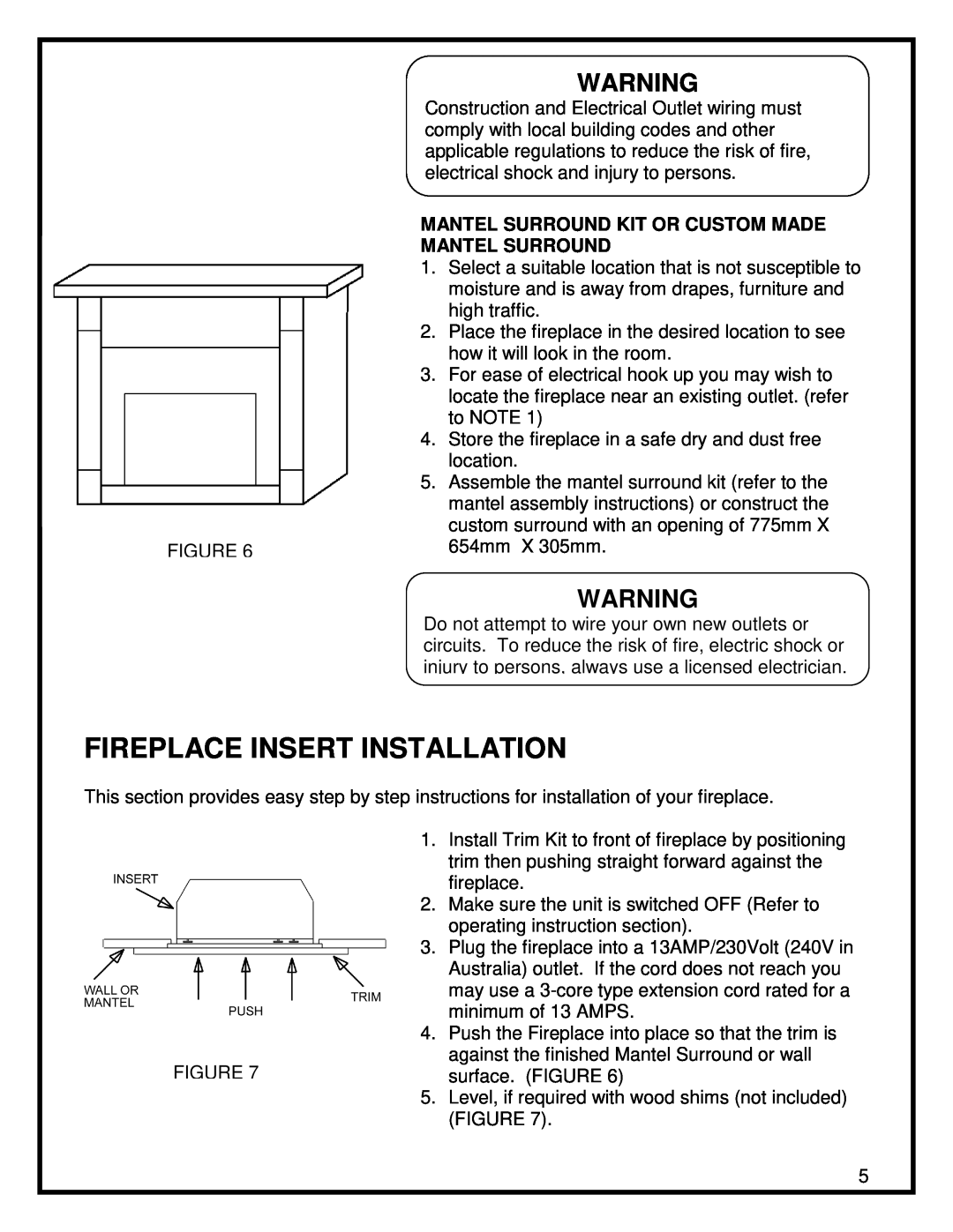 Dimplex EF3003-230 manual Fireplace Insert Installation, Mantel Surround Kit Or Custom Made 