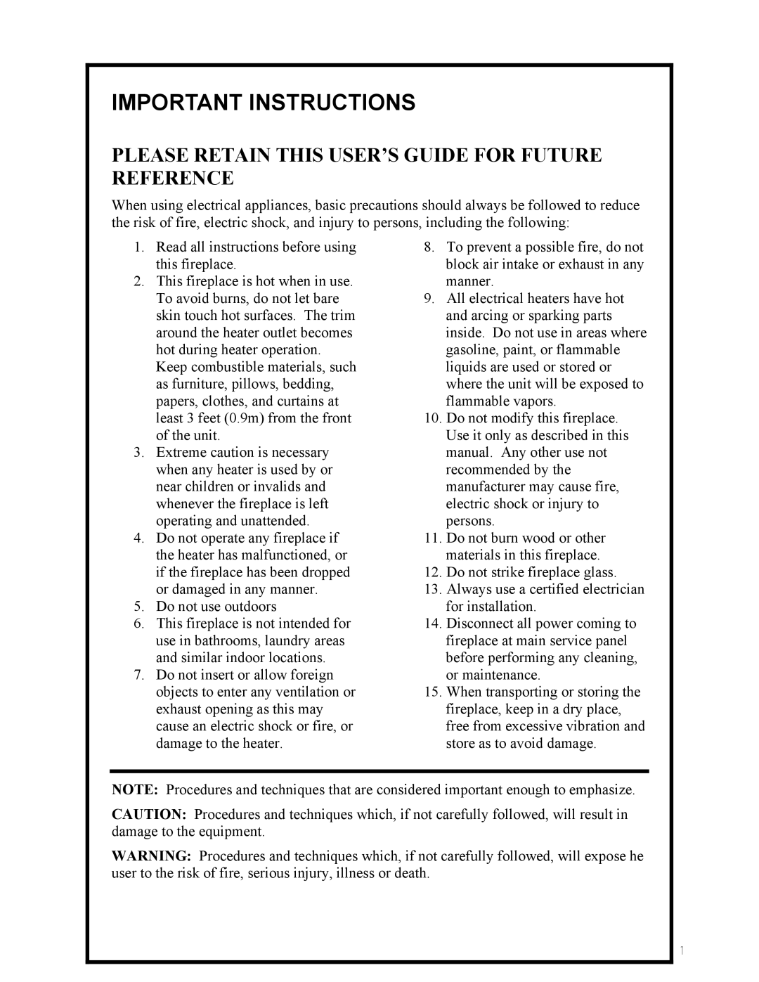 Dimplex Electric Fireplace manual Important Instructions, Please Retain this USER’S Guide for Future Reference 