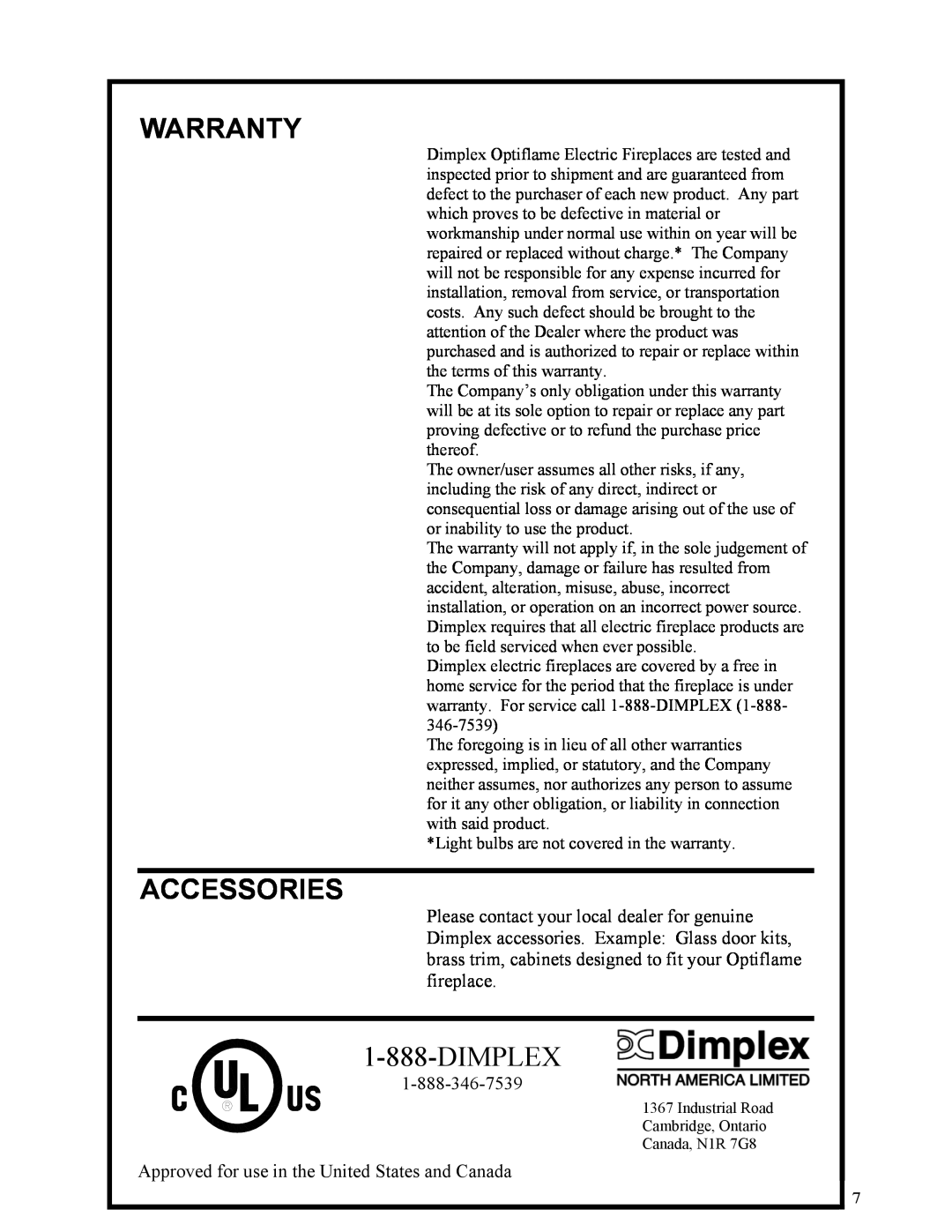 Dimplex Electric Fireplace manual Warranty, Accessories, Dimplex 