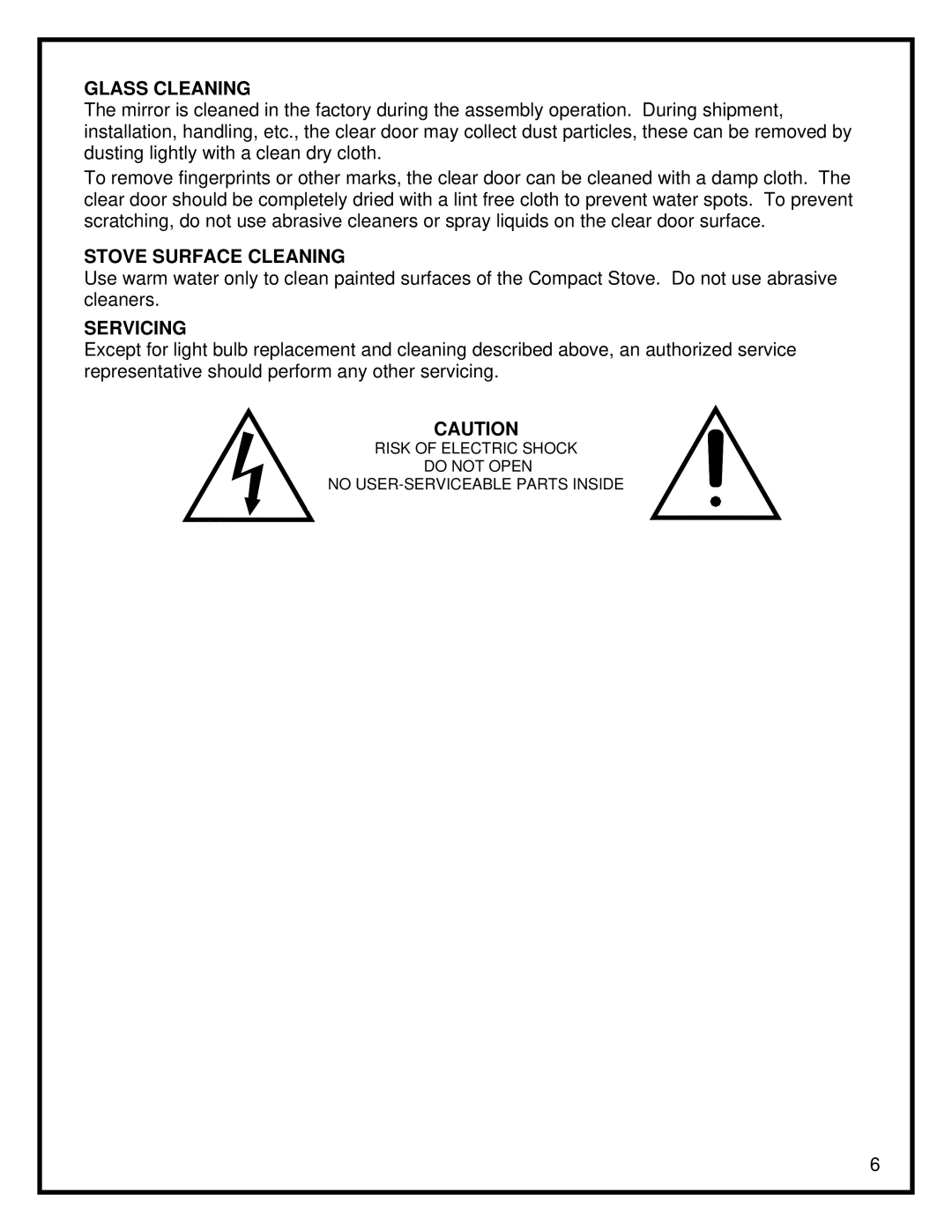 Dimplex ELECTRIC PATIO STOVE manual Glass Cleaning, Stove Surface Cleaning, Servicing 