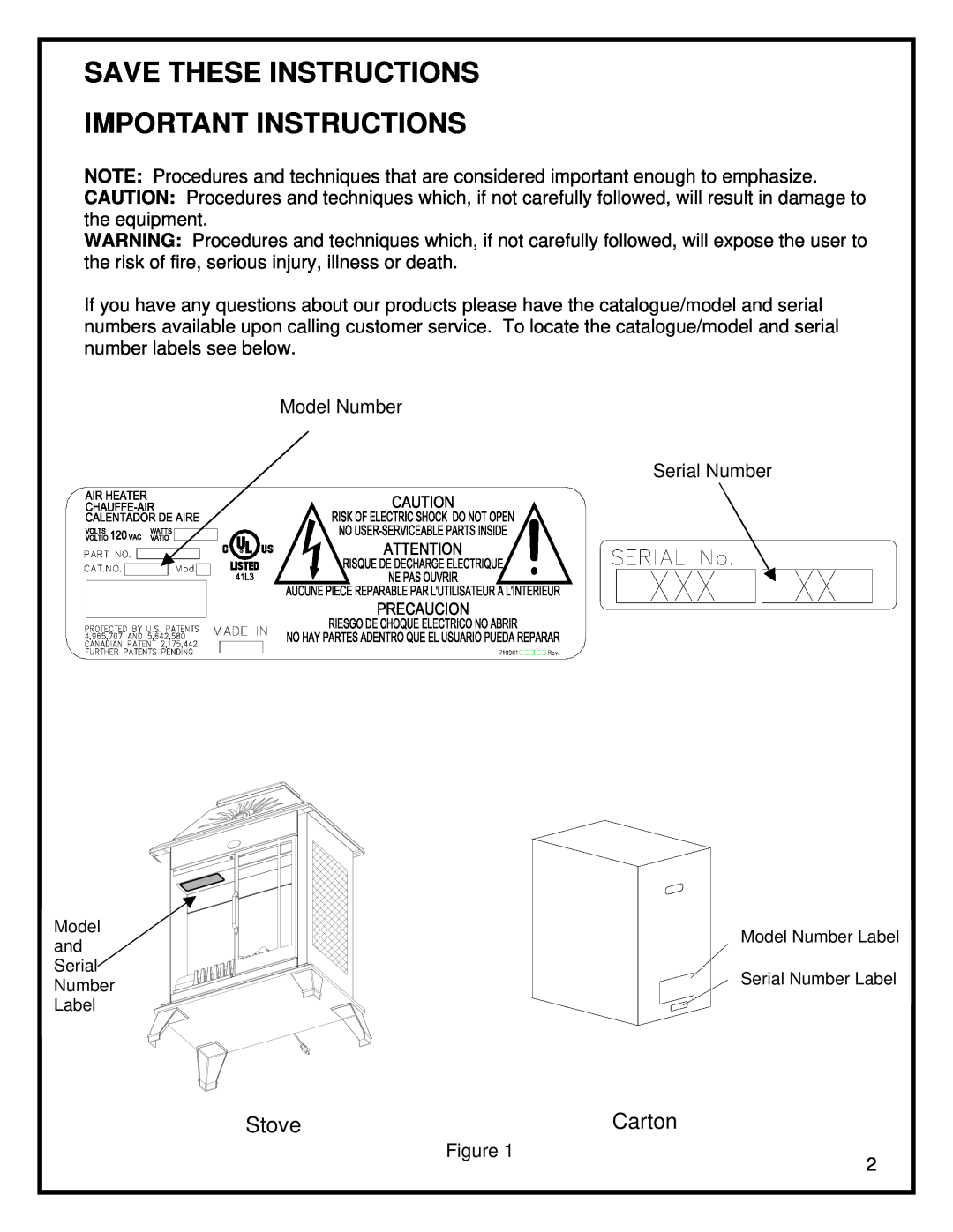 Dimplex ELECTRIC PATIO STOVE manual Save These Instructions Important Instructions, Stove, Carton 