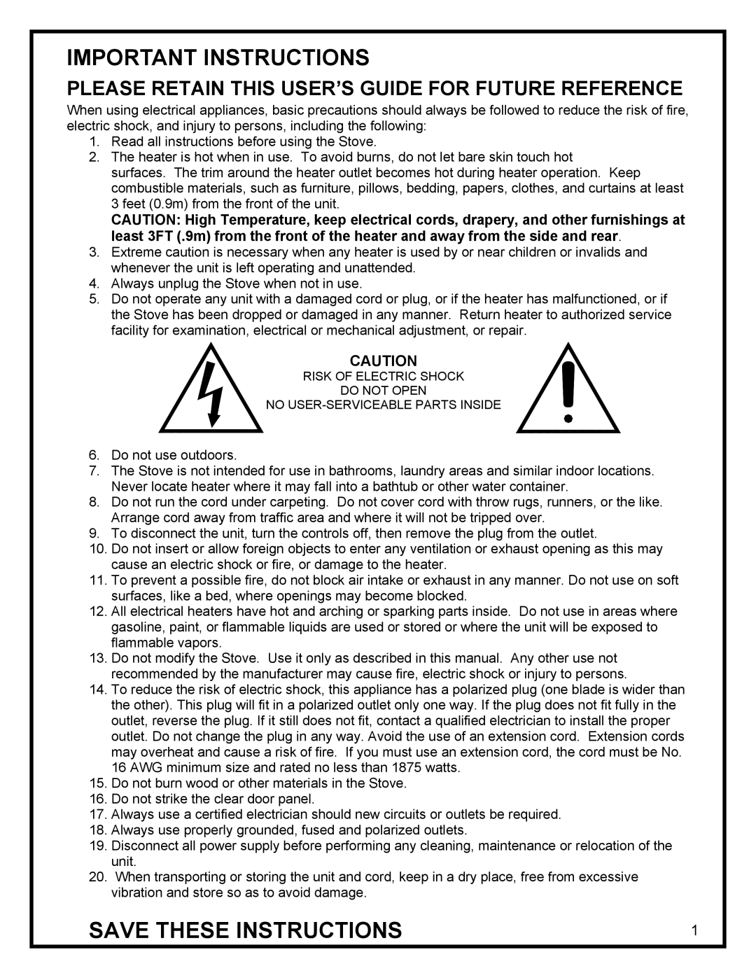 Dimplex ELECTRIC STOVE manual Important Instructions, Please Retain this USER’S Guide for Future Reference 