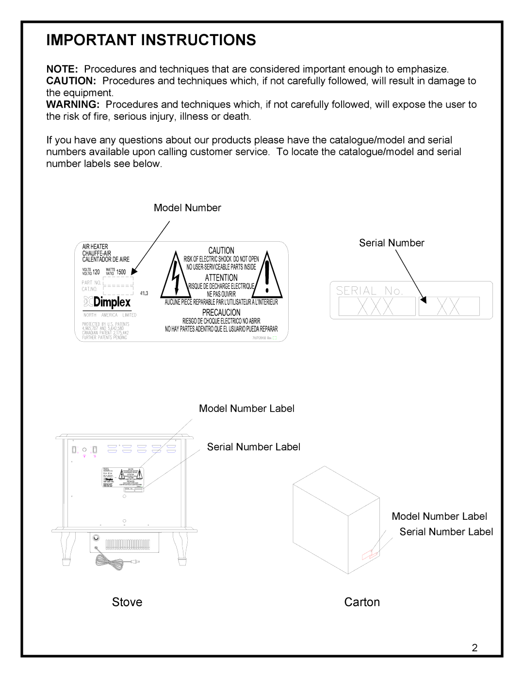 Dimplex ELECTRIC STOVE manual Stove Carton 