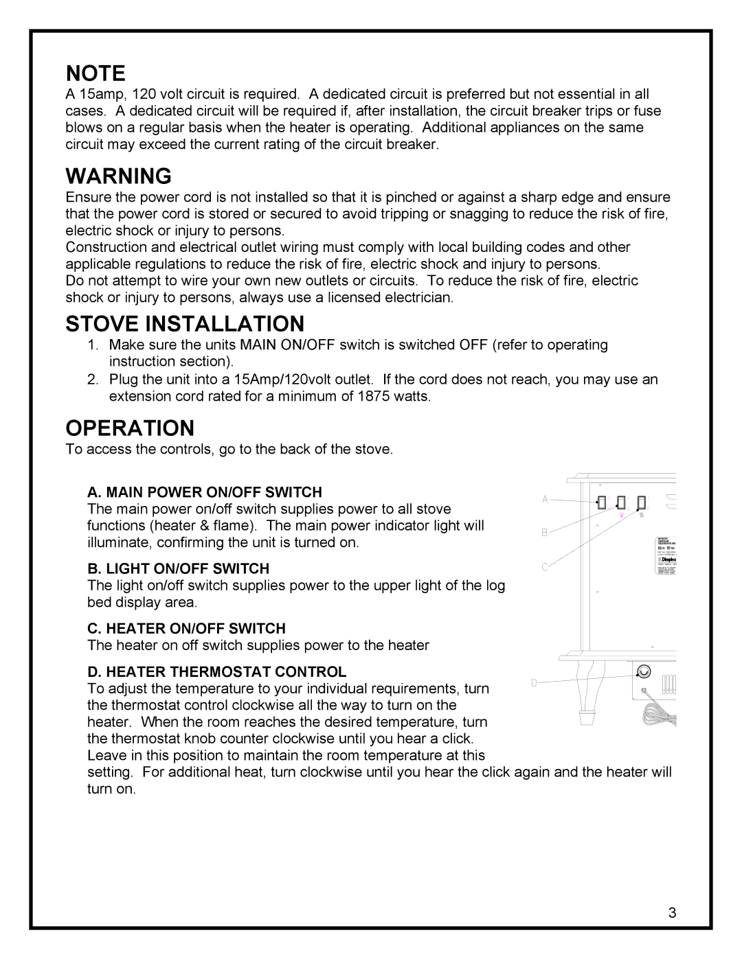 Dimplex ELECTRIC STOVE manual Stove Installation, Operation 