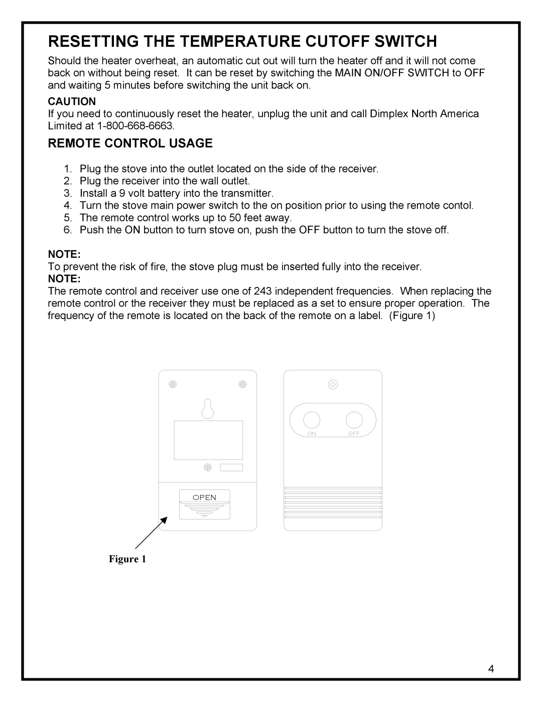 Dimplex ELECTRIC STOVE manual Resetting the Temperature Cutoff Switch, Remote Control Usage 