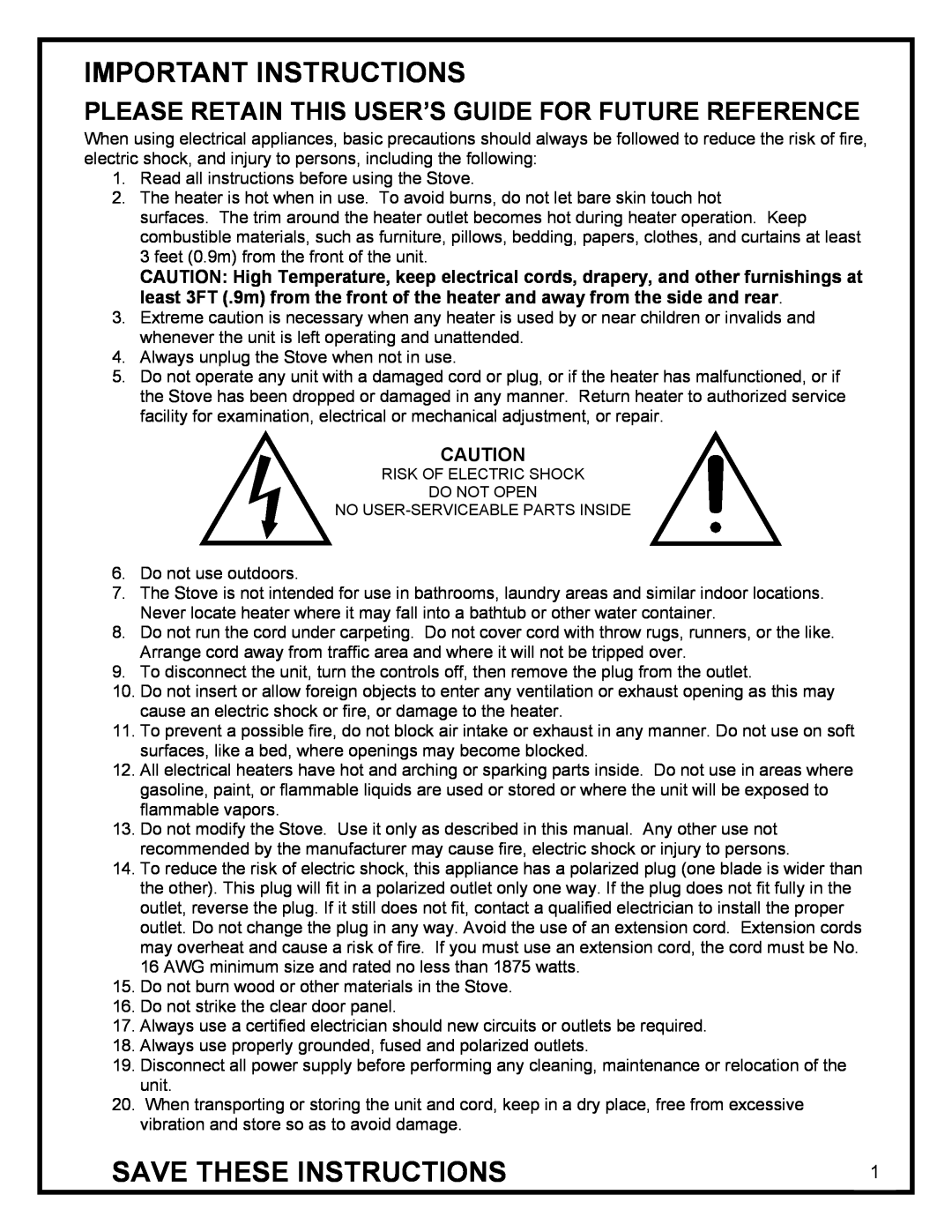 Dimplex ELECTRIC STOVE manual Important Instructions, Save These Instructions 