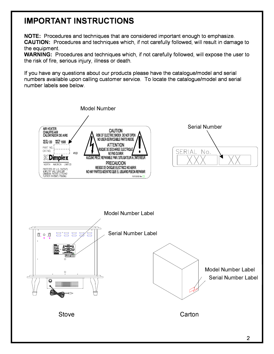 Dimplex ELECTRIC STOVE manual Important Instructions, Stove, Carton 