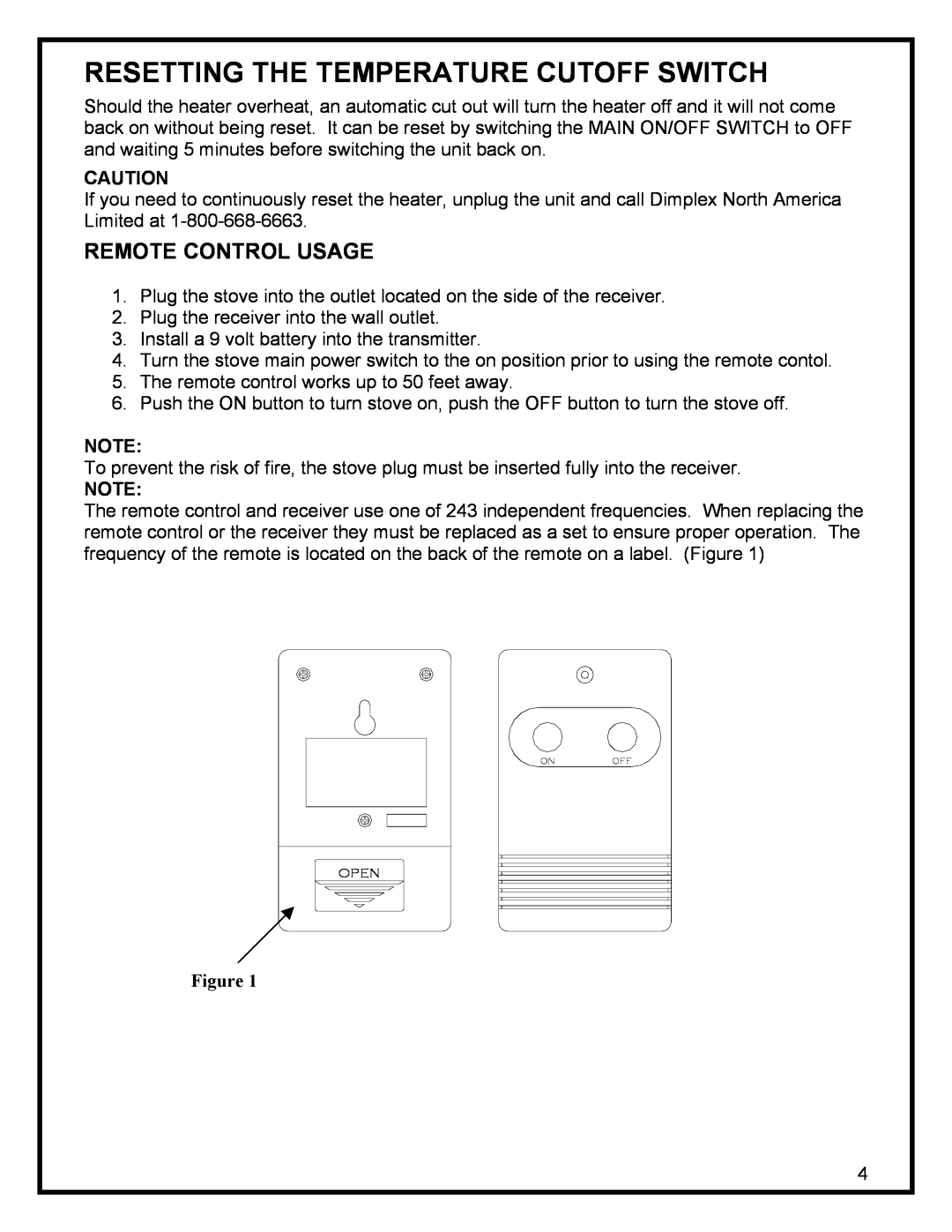 Dimplex ELECTRIC STOVE manual Resetting The Temperature Cutoff Switch, Remote Control Usage 