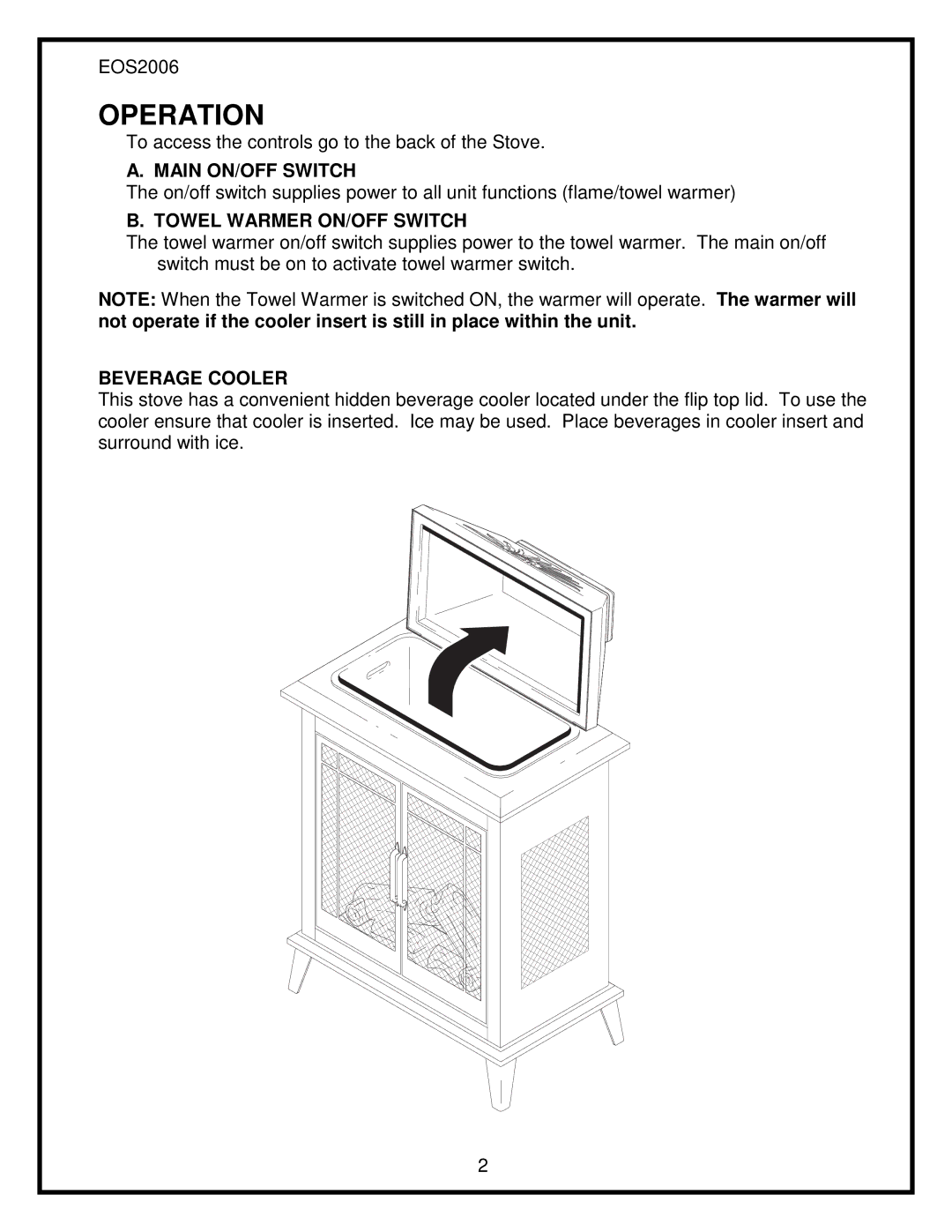 Dimplex EOS2006 service manual Main ON/OFF Switch, Towel Warmer ON/OFF Switch, Beverage Cooler 