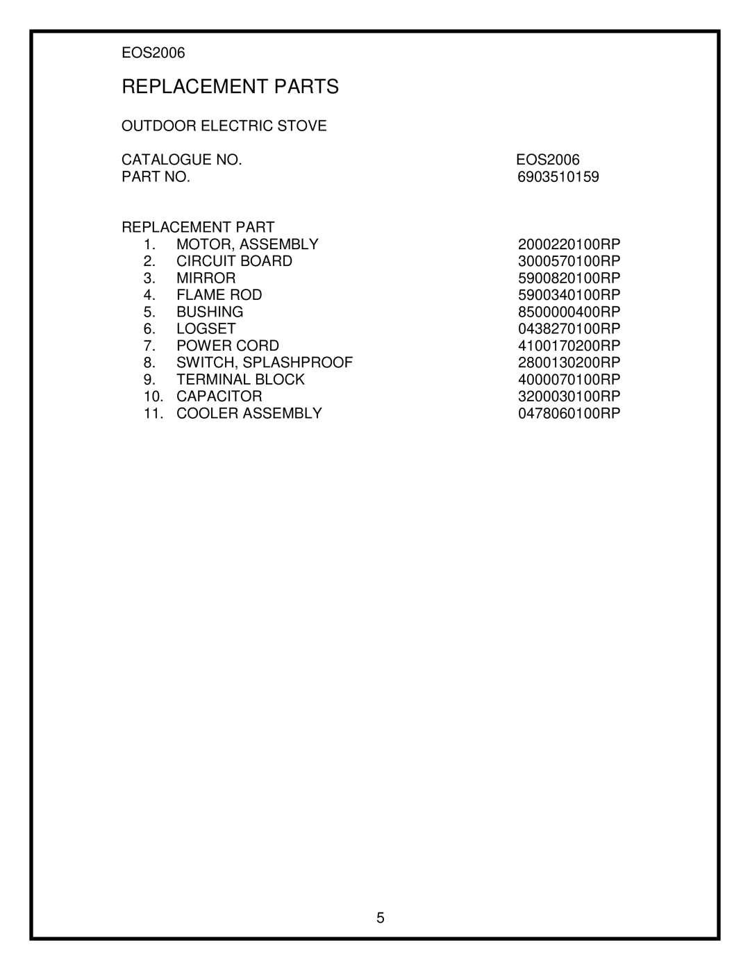 Dimplex EOS2006 service manual Catalogue no, Replacement Part 