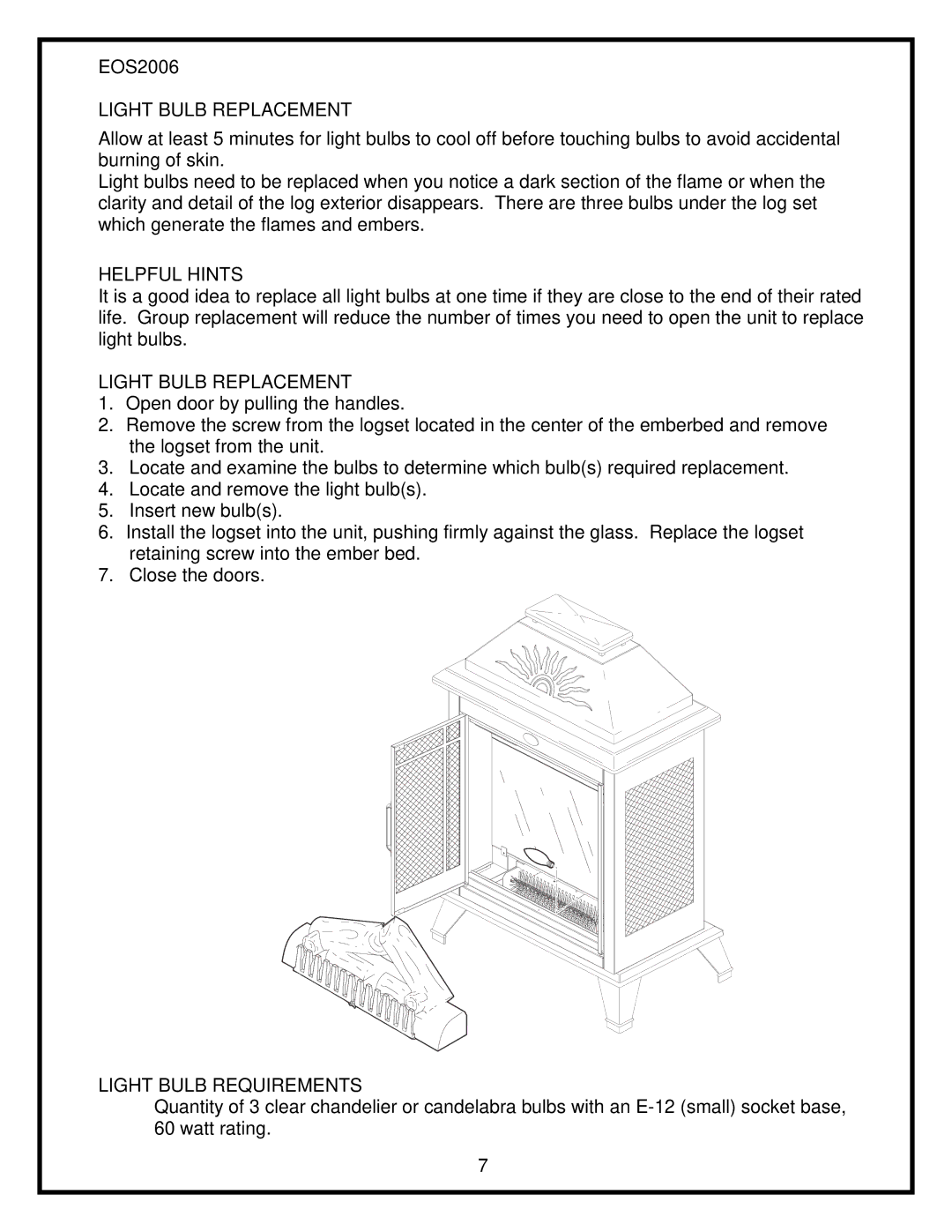 Dimplex EOS2006 service manual Helpful Hints, Light Bulb Requirements 