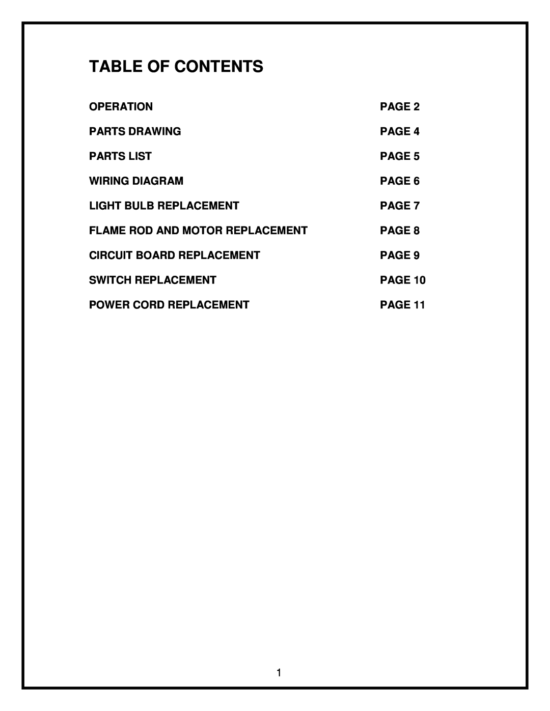 Dimplex EOS2006 service manual Table Of Contents 