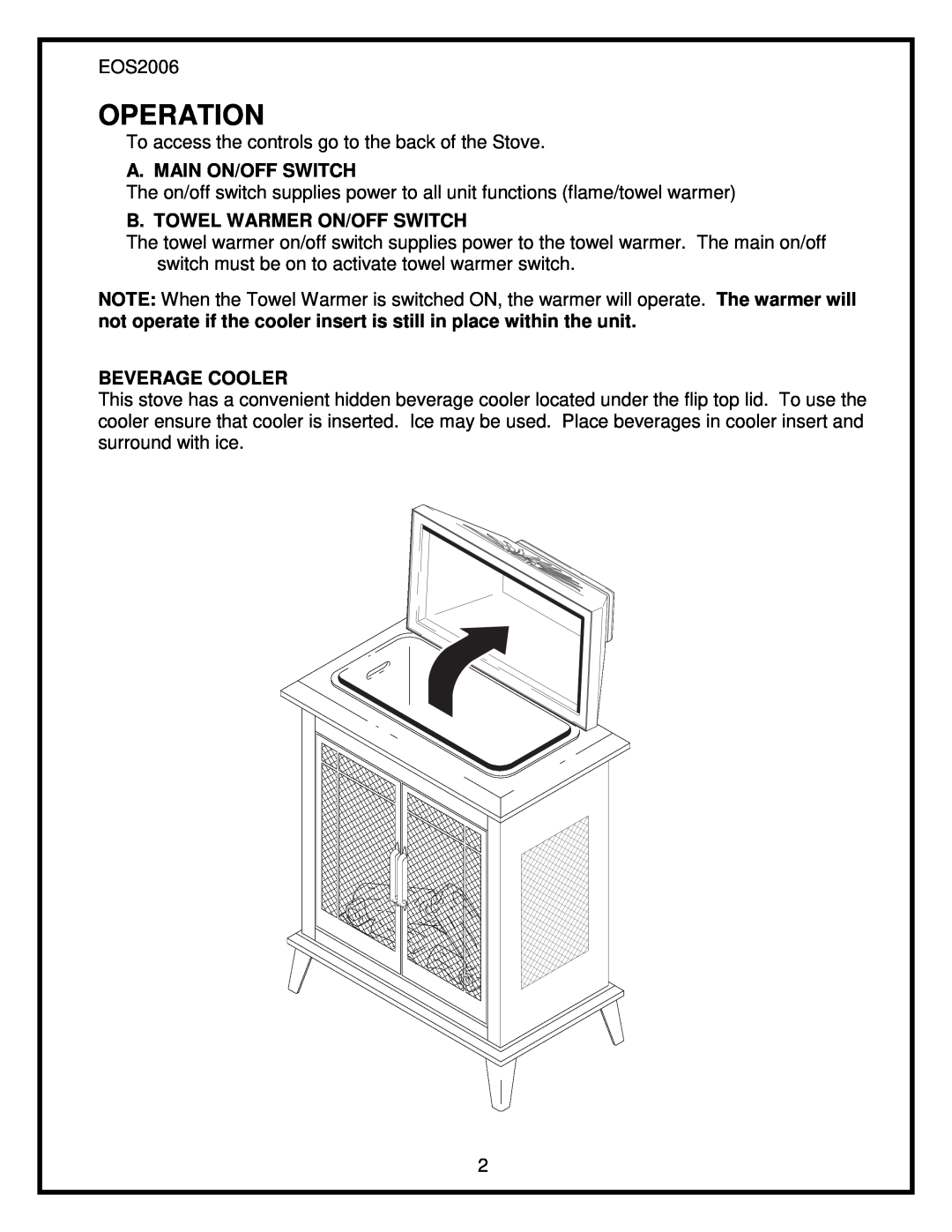 Dimplex EOS2006 service manual Operation, A. Main On/Off Switch, B. Towel Warmer On/Off Switch, Beverage Cooler 