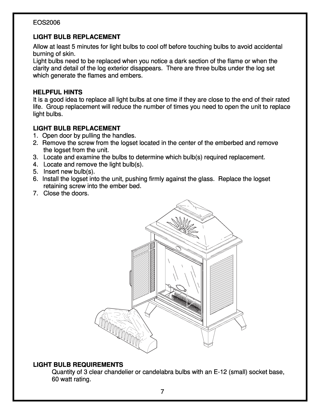 Dimplex EOS2006 service manual Light Bulb Replacement, Helpful Hints, Light Bulb Requirements 