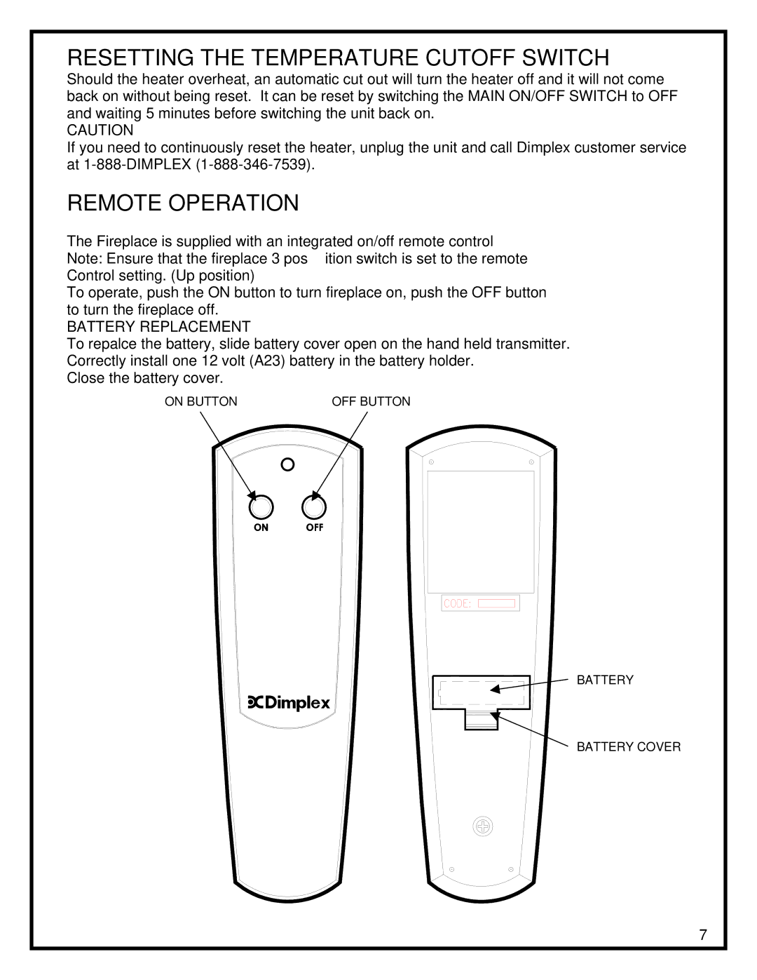 Dimplex EWM-COPPER, EWM-SS-BLK manual Resetting the Temperature Cutoff Switch, Remote Operation, Battery Replacement 