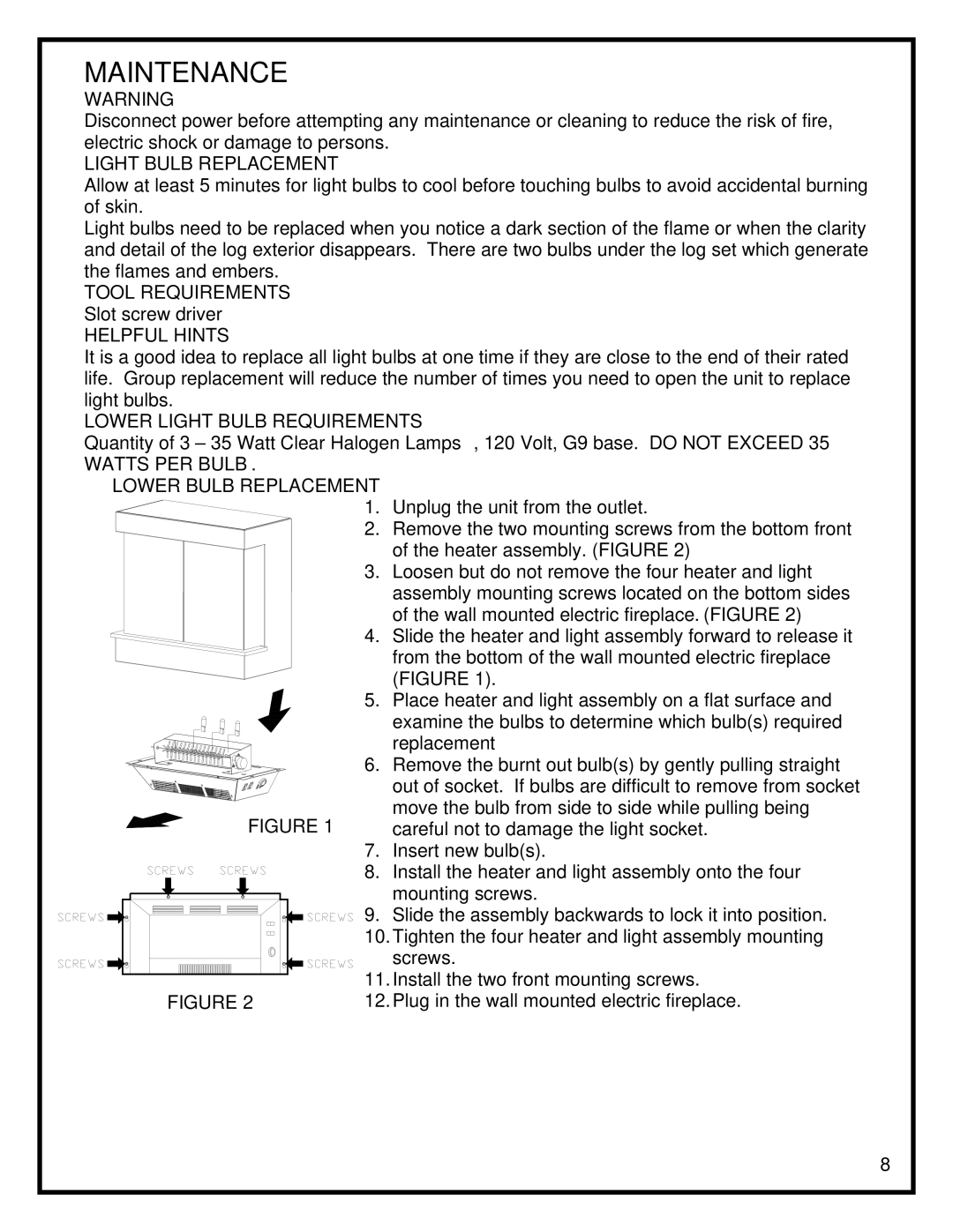 Dimplex EWM-SS-BLK, EWM-COPPER manual Maintenance 