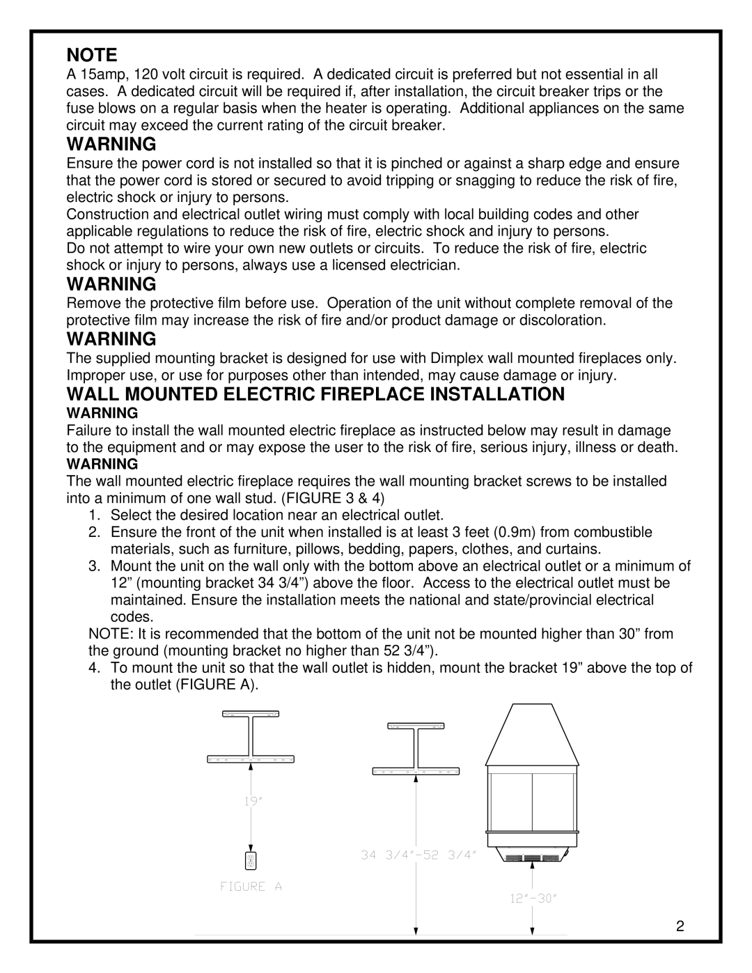 Dimplex EWM-SS-BLK, EWM-COPPER manual Wall Mounted Electric Fireplace Installation 