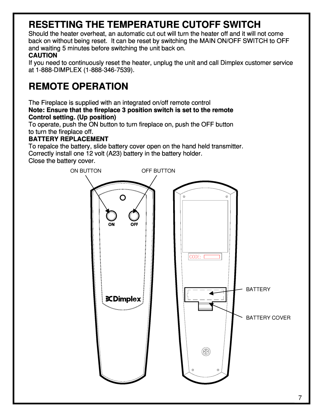 Dimplex EWM-COPPER, EWM-SS-BLK manual Resetting The Temperature Cutoff Switch, Remote Operation, Battery Replacement 