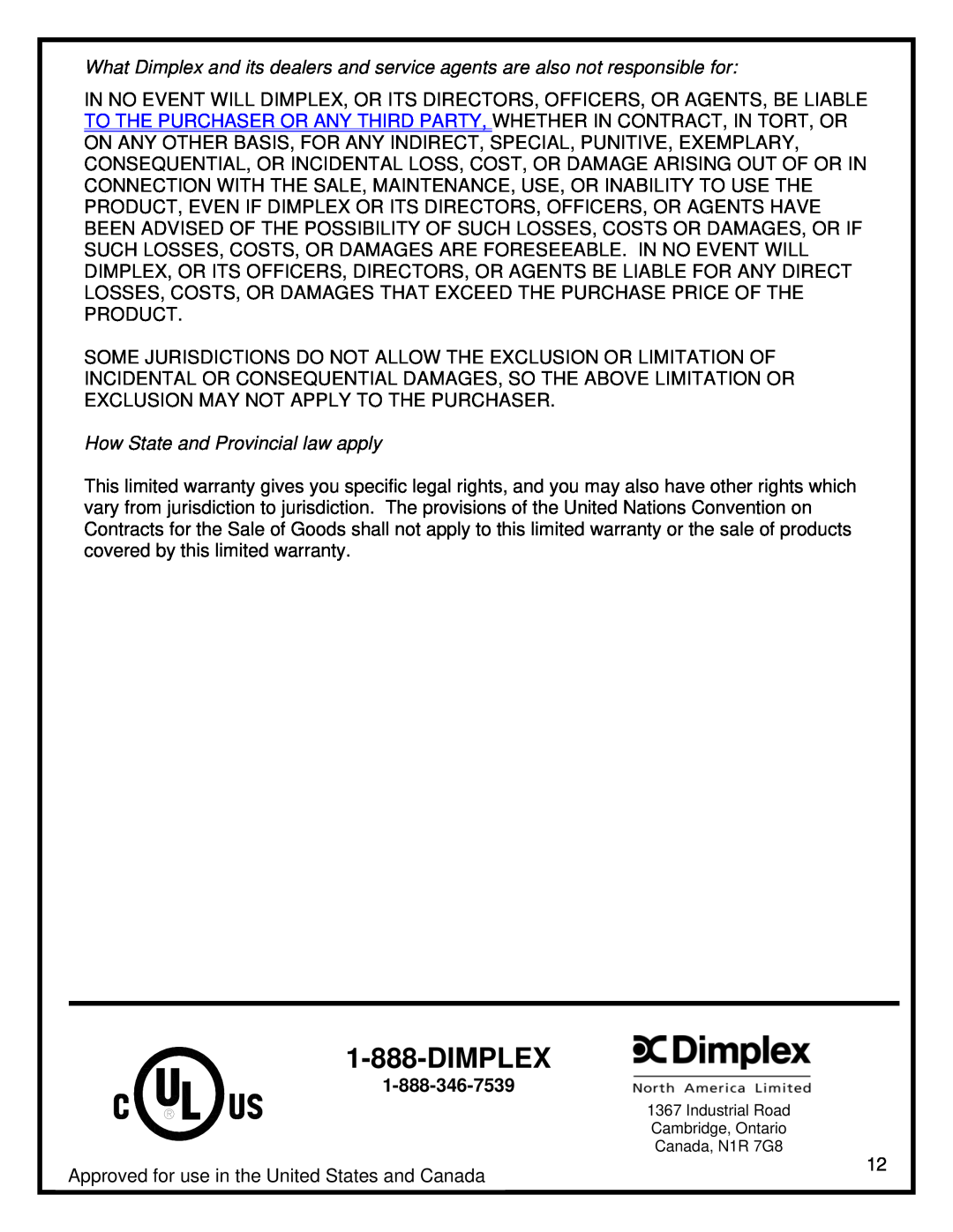 Dimplex EWM-SS-BLK, EWM-COPPER manual Dimplex, How State and Provincial law apply, 1-888-346-7539 