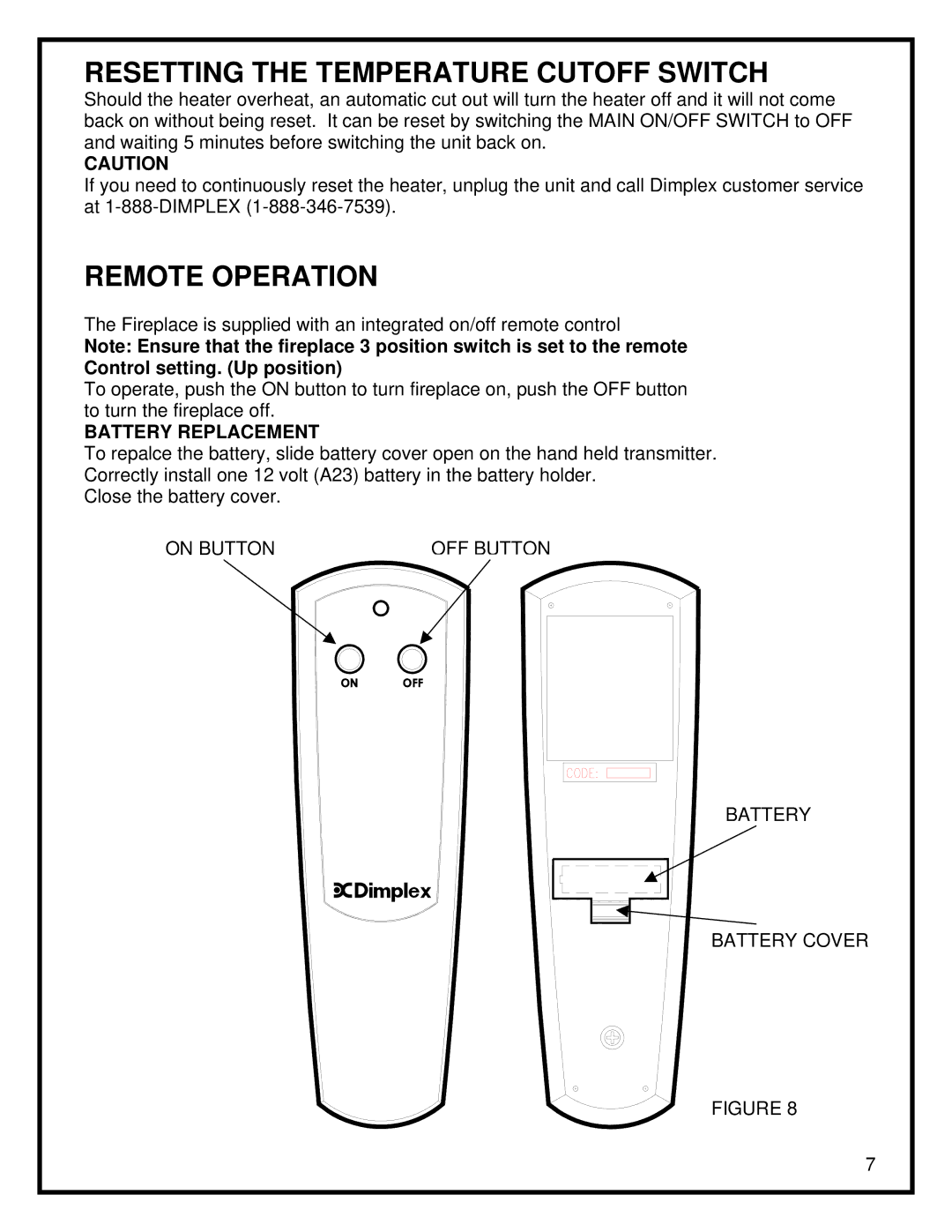 Dimplex EWM-SS manual Resetting the Temperature Cutoff Switch, Remote Operation, Battery Replacement 