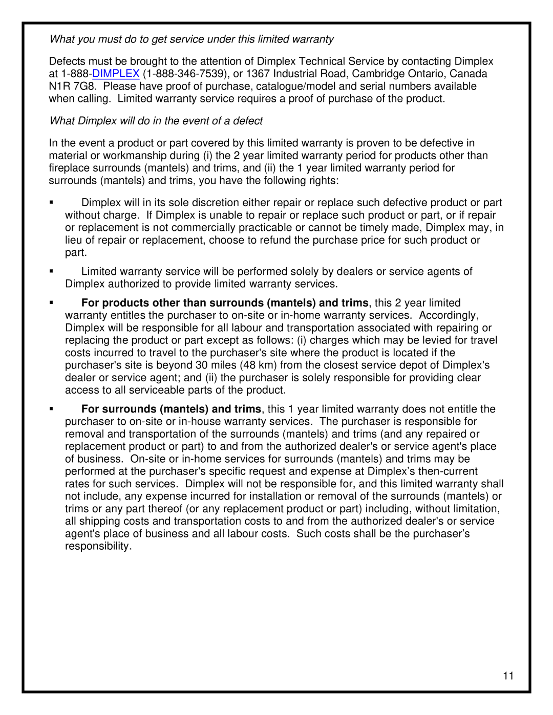 Dimplex EWM-SS What you must do to get service under this limited warranty, What Dimplex will do in the event of a defect 