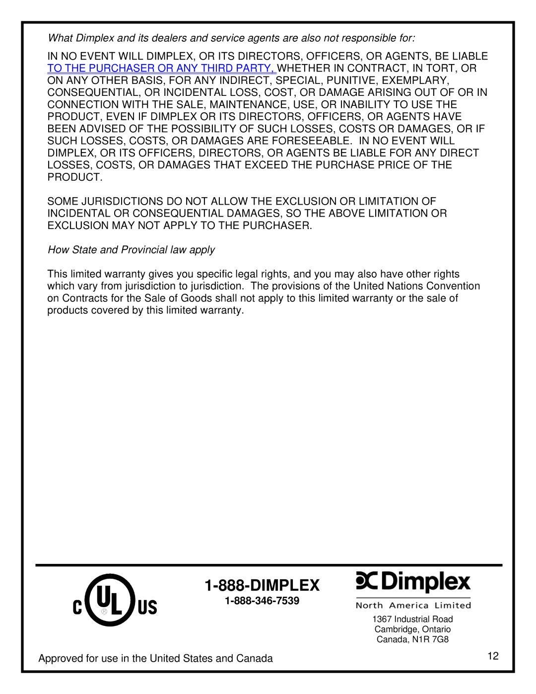 Dimplex EWM-SS manual Dimplex, How State and Provincial law apply 