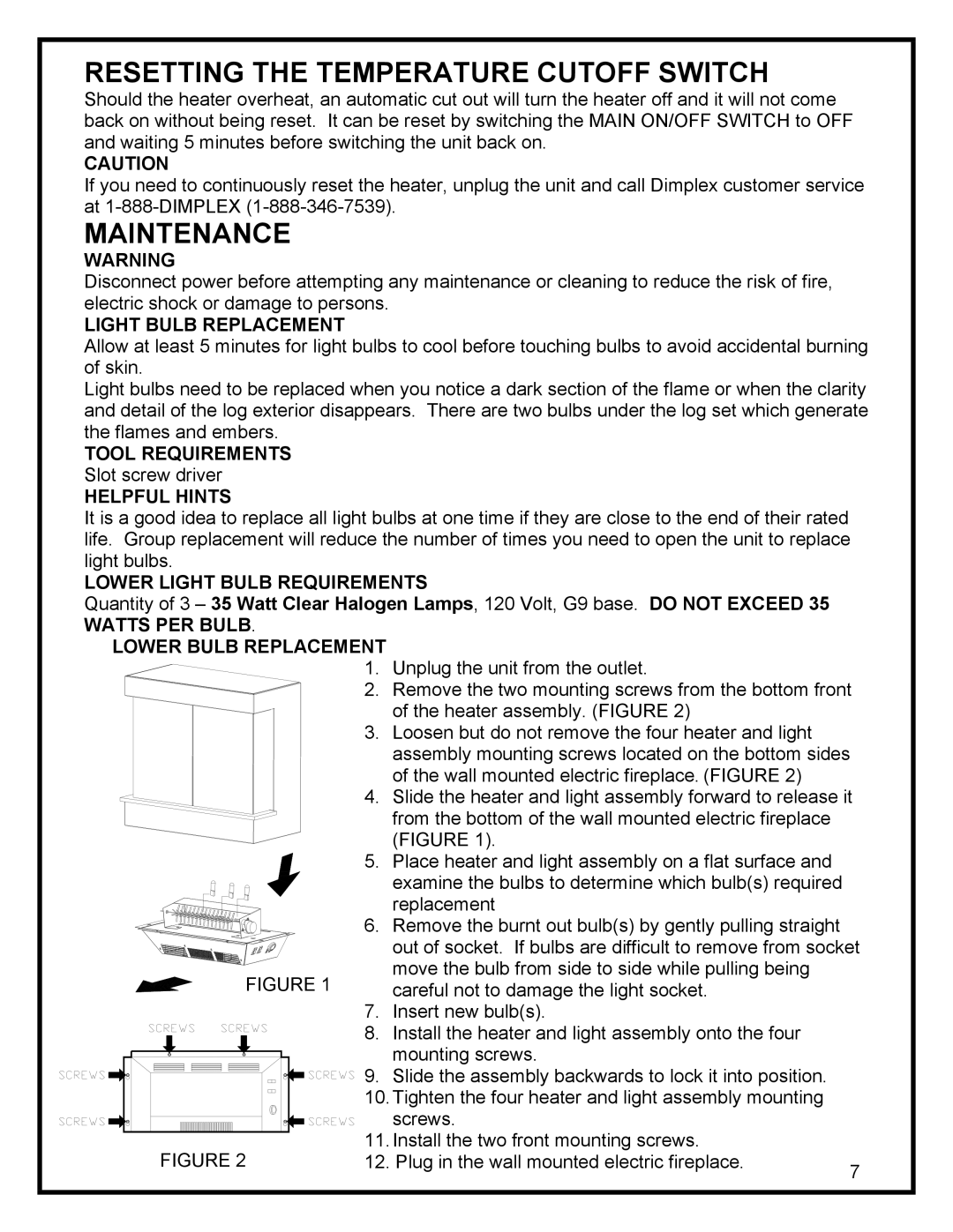 Dimplex EWM-SS manual Resetting the Temperature Cutoff Switch, Maintenance 