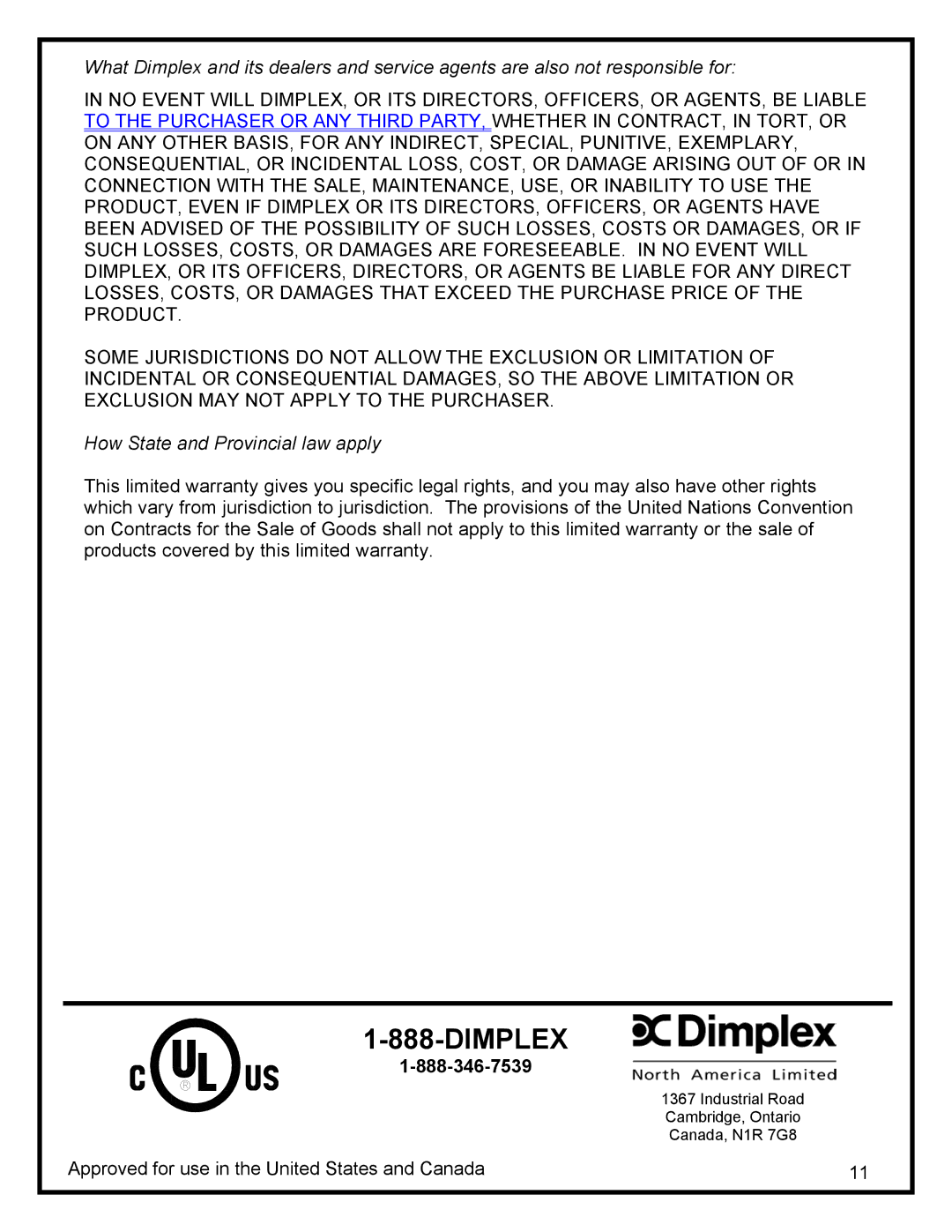 Dimplex EWM-SS manual Dimplex, How State and Provincial law apply 