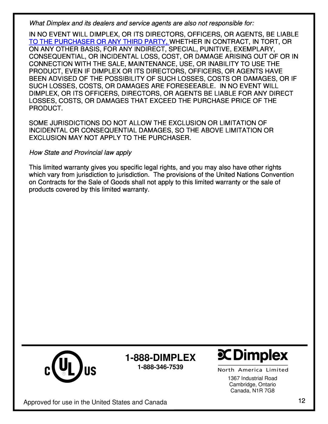 Dimplex EWM-SS manual Dimplex, How State and Provincial law apply 