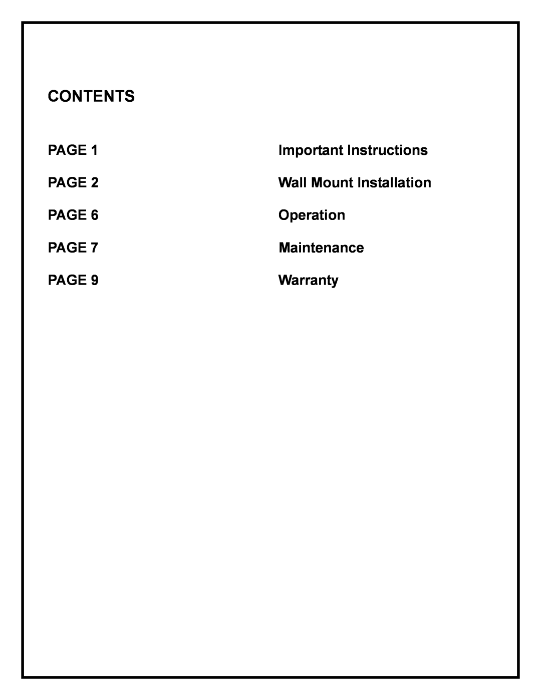 Dimplex EWM-SS manual Contents, Page, Important Instructions, Wall Mount Installation, Operation, Maintenance, Warranty 