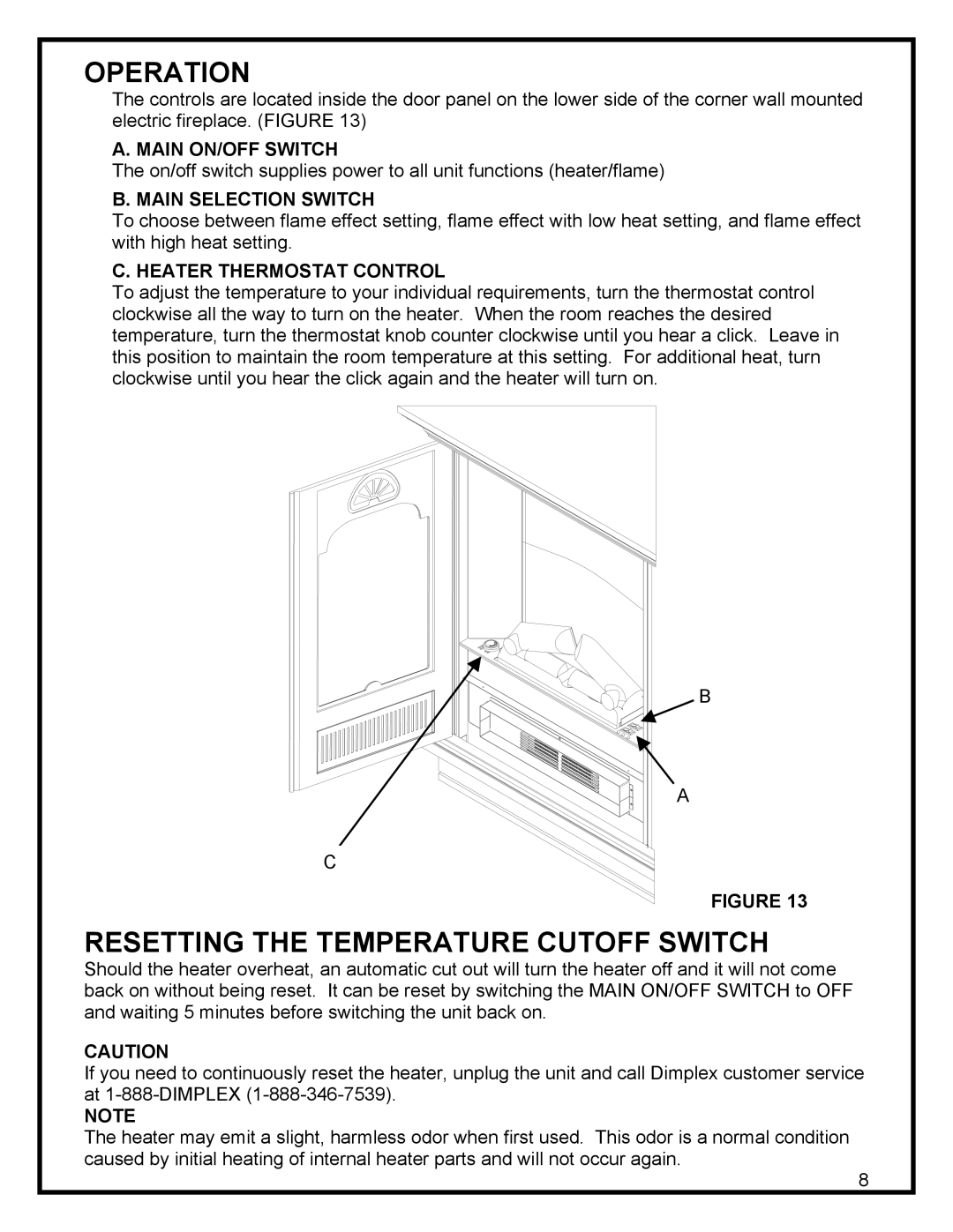 Dimplex EWMC-CC-SS manual Operation, Resetting the Temperature Cutoff Switch, Main ON/OFF Switch, Main Selection Switch 