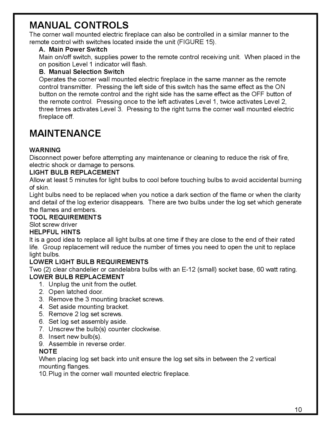 Dimplex EWMC-CC-SS manual Manual Controls, Maintenance 