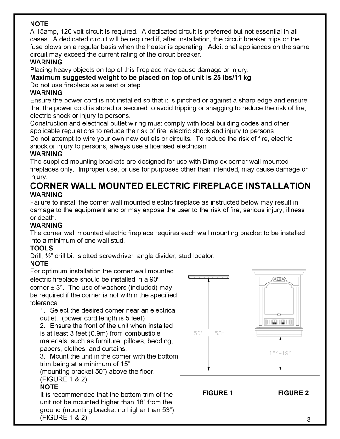 Dimplex EWMC-CC-SS manual Corner Wall Mounted Electric Fireplace Installation 