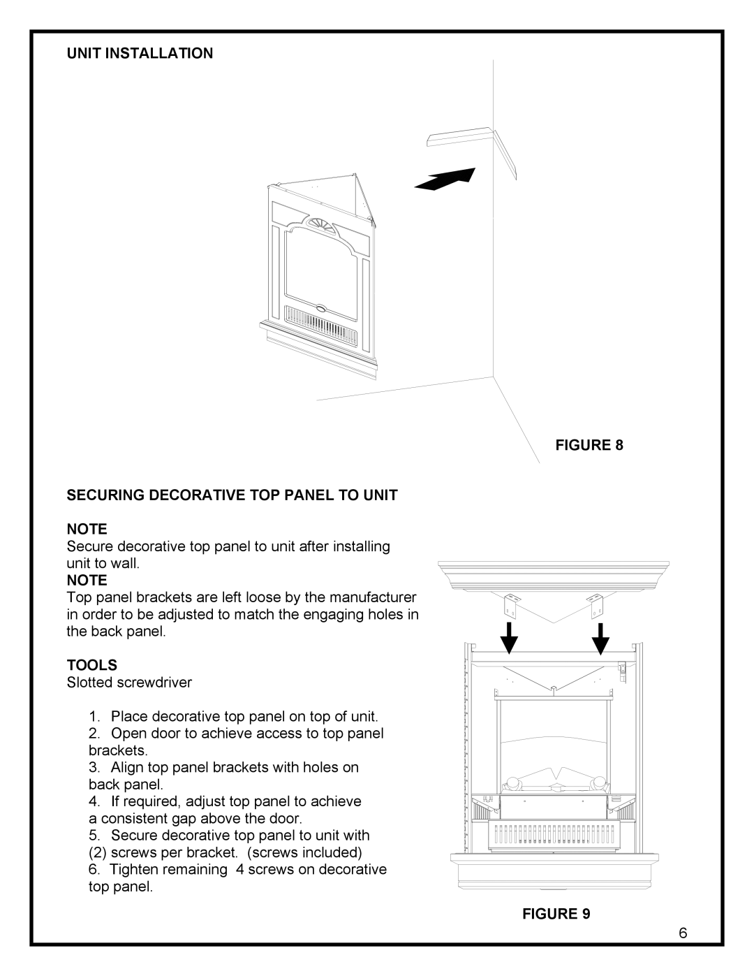 Dimplex EWMC-CC-SS manual Unit Installation Securing Decorative TOP Panel to Unit 