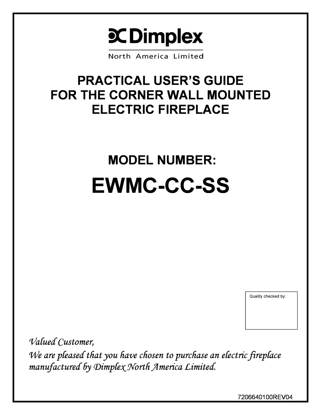 Dimplex EWMC-CC-SS manual Ewmc-Cc-Ss, Practical User’S Guide, For The Corner Wall Mounted Electric Fireplace, Model Number 