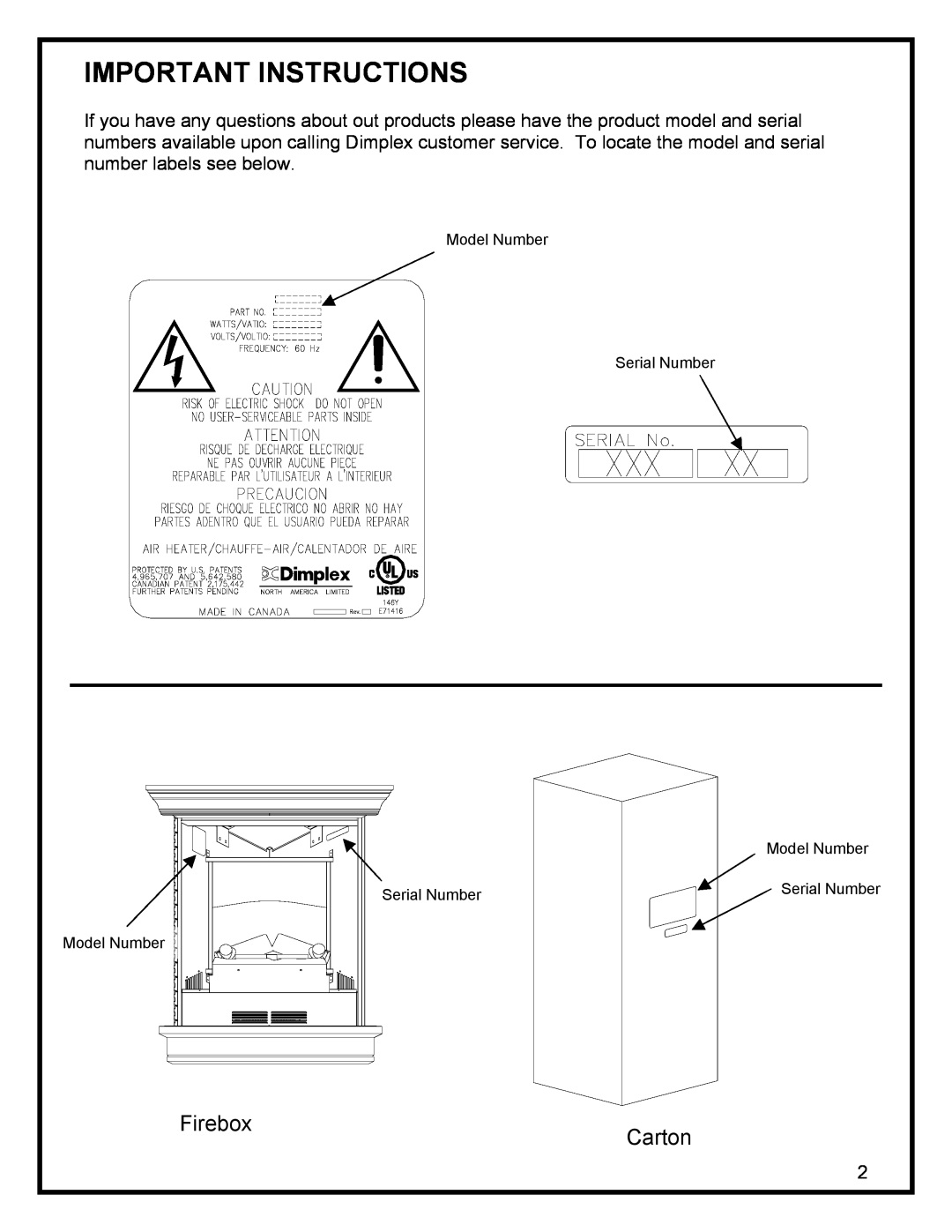Dimplex EWMC-CC-SS manual Important Instructions, Firebox, Carton, Model Number Serial Number 