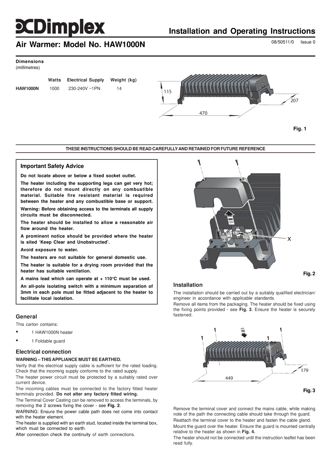 Dimplex HAW1000N operating instructions Important Safety Advice, General, Electrical connection, Installation 