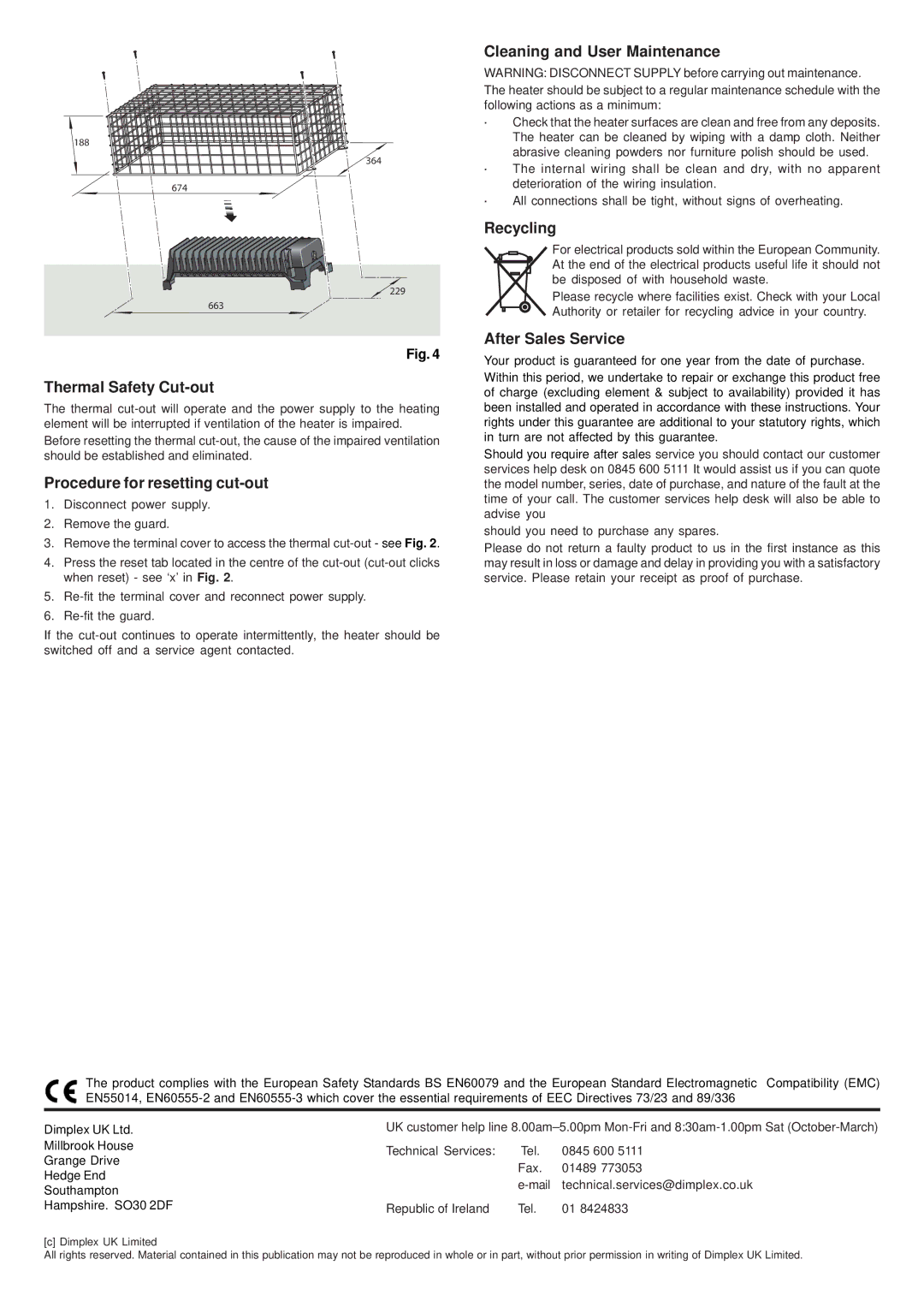 Dimplex HAW1000N Thermal Safety Cut-out, Procedure for resetting cut-out, Cleaning and User Maintenance, Recycling 