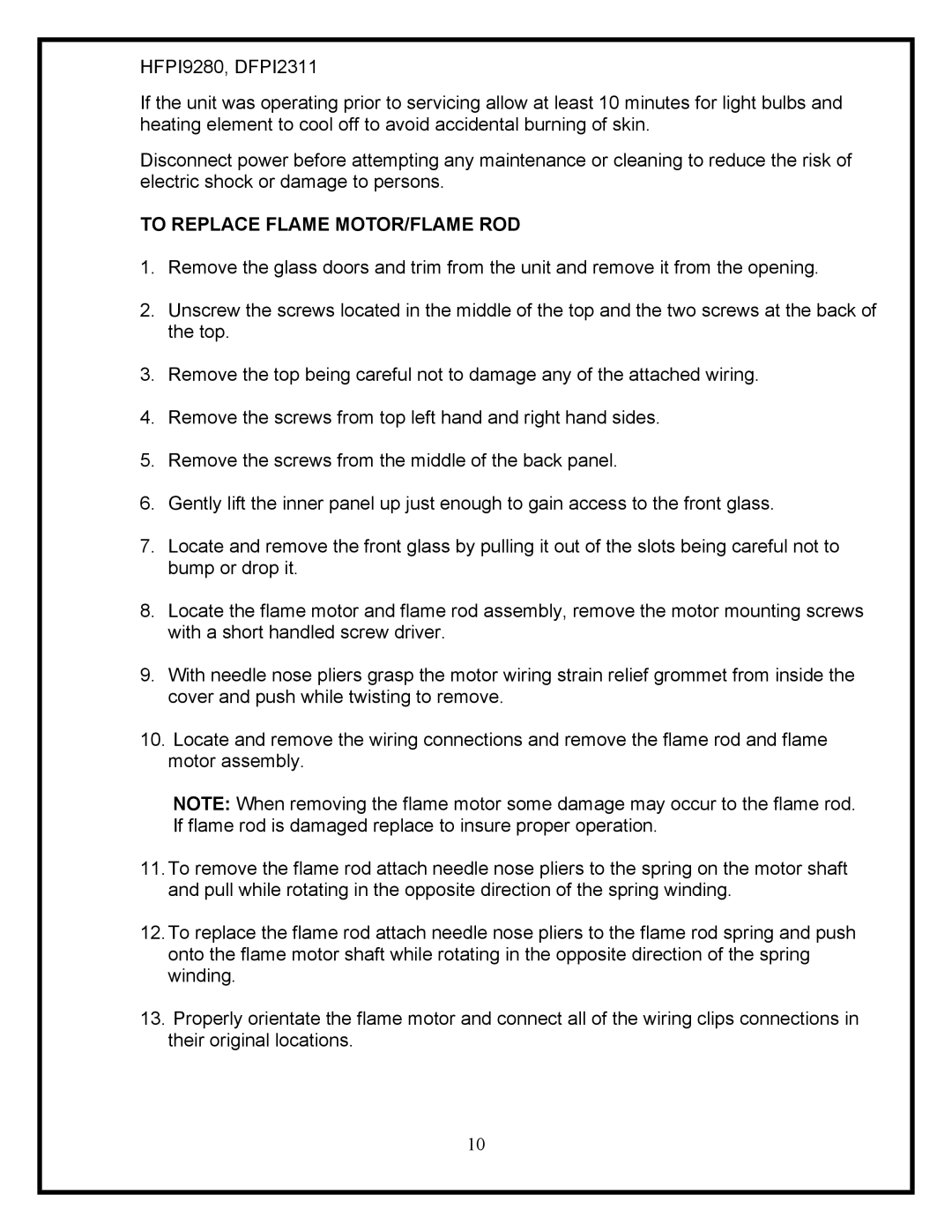 Dimplex HFPI9280, DFPI2311 service manual To Replace Flame MOTOR/FLAME ROD 