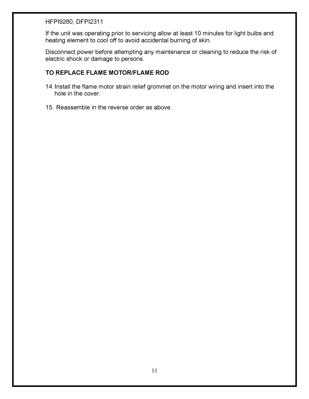 Dimplex DFPI2311, HFPI9280 service manual To Replace Flame MOTOR/FLAME ROD 