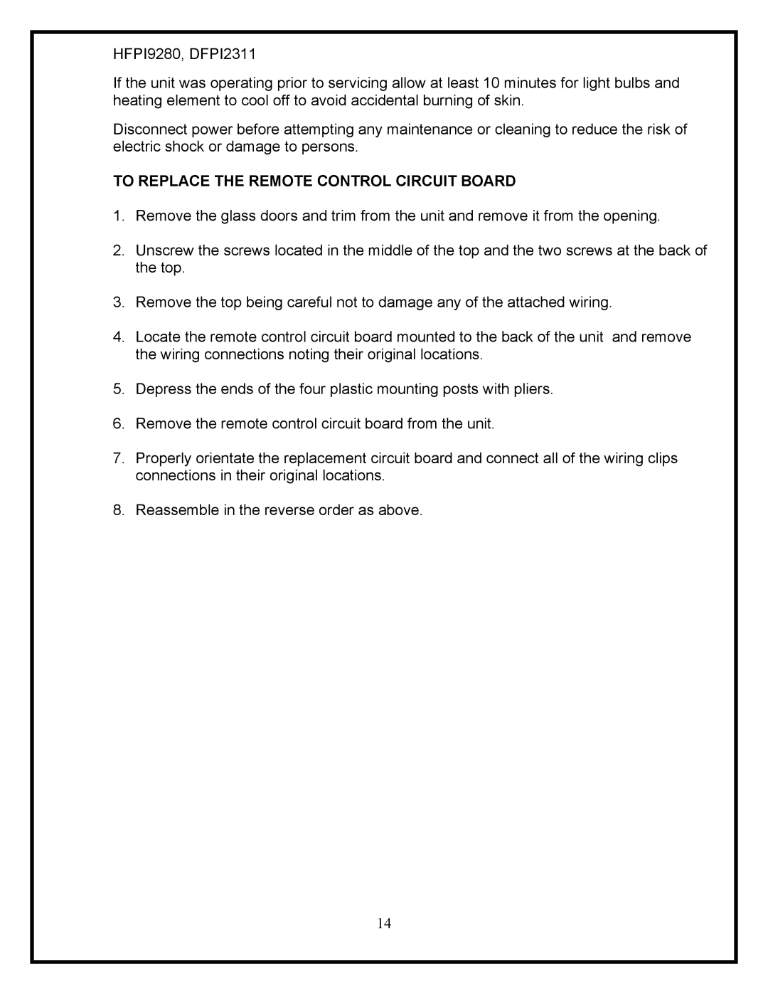 Dimplex HFPI9280, DFPI2311 service manual To Replace the Remote Control Circuit Board 