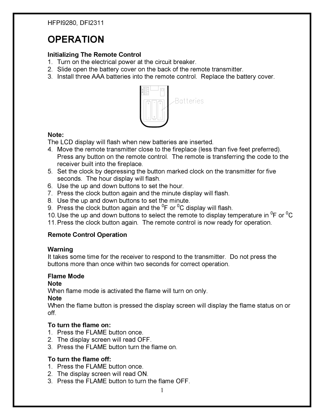 Dimplex DFPI2311, HFPI9280 service manual Operation 