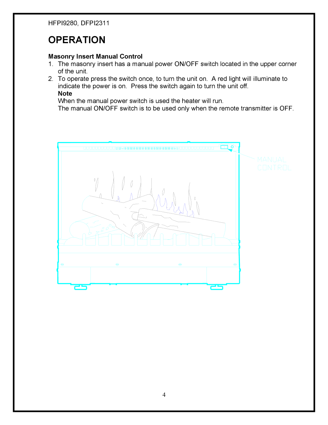 Dimplex HFPI9280, DFPI2311 service manual Operation, Masonry Insert Manual Control 