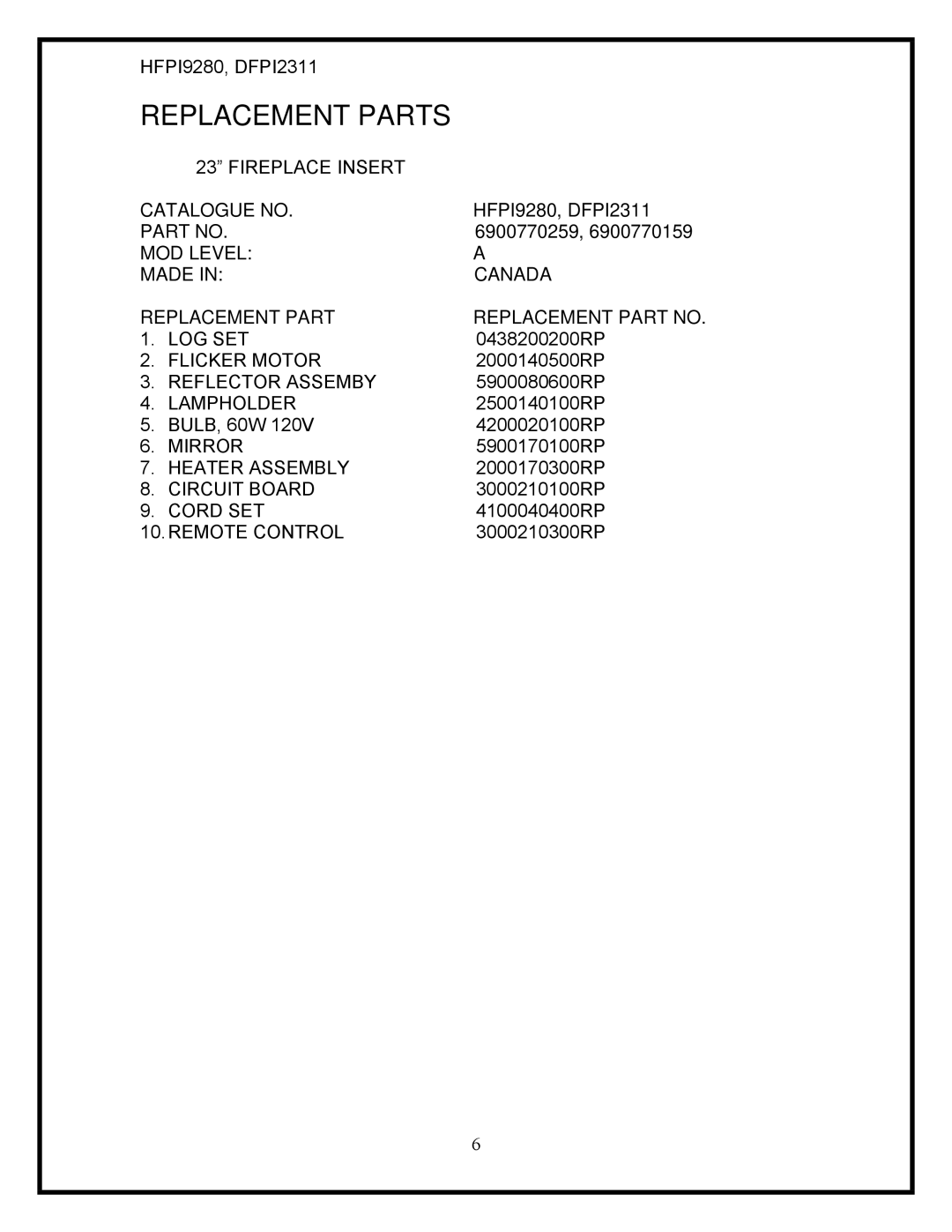 Dimplex Replacement Parts, Catalogue no, HFPI9280, DFPI2311, 6900770259, MOD Level Made Canada Replacement Part 